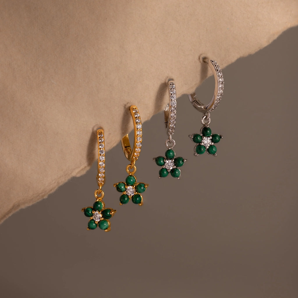 Malachite Blossom Drop Huggies Silver 18K Gold Plated