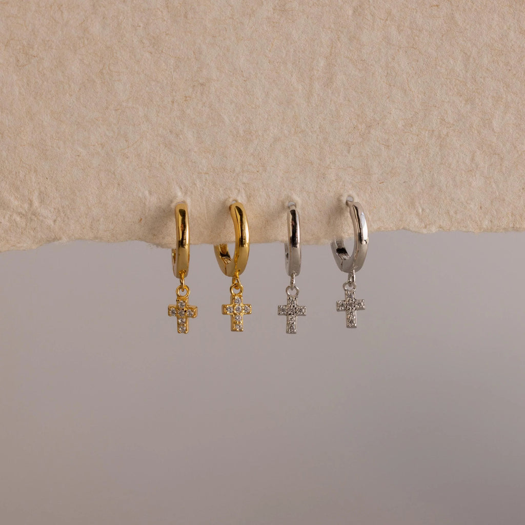 Pave Cross Huggies Silver 18K Gold Plated