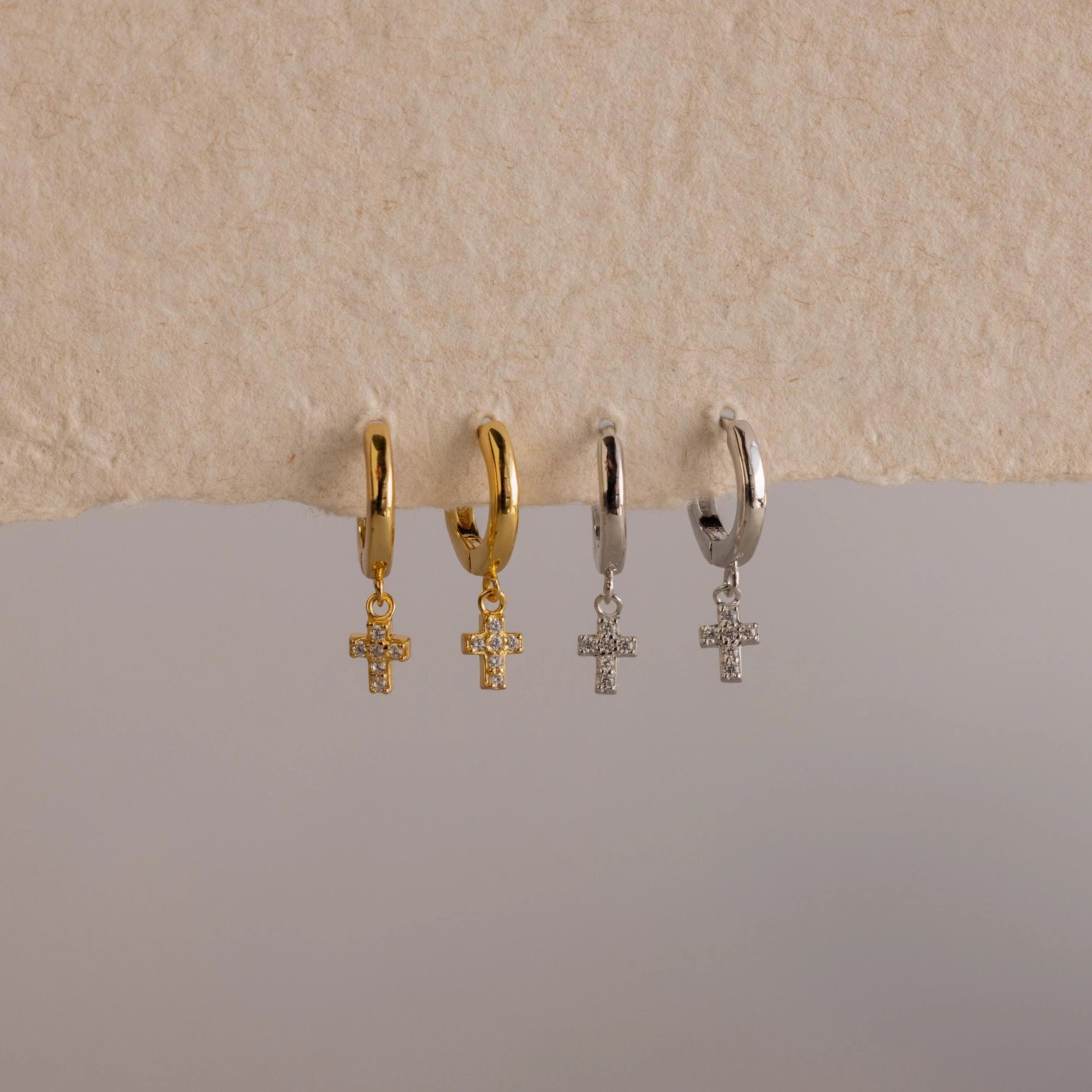 Pave Cross Huggies Silver 18K Gold Plated