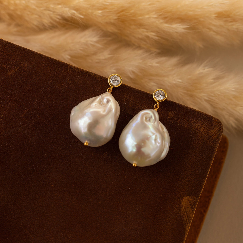 Diamond Baroque Pearl Studs Silver 18K Gold Plated
