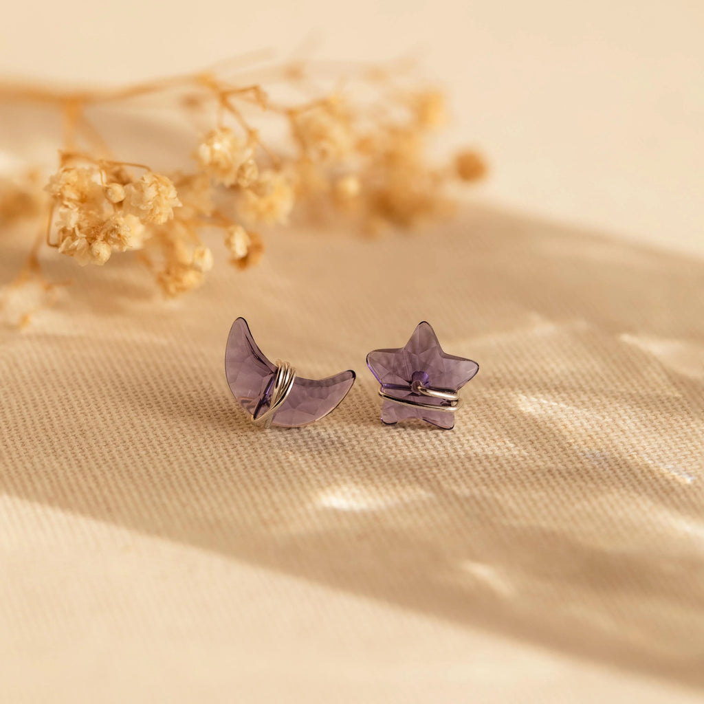 Amethyst Moon & Star Studs Silver 18K Gold Plated