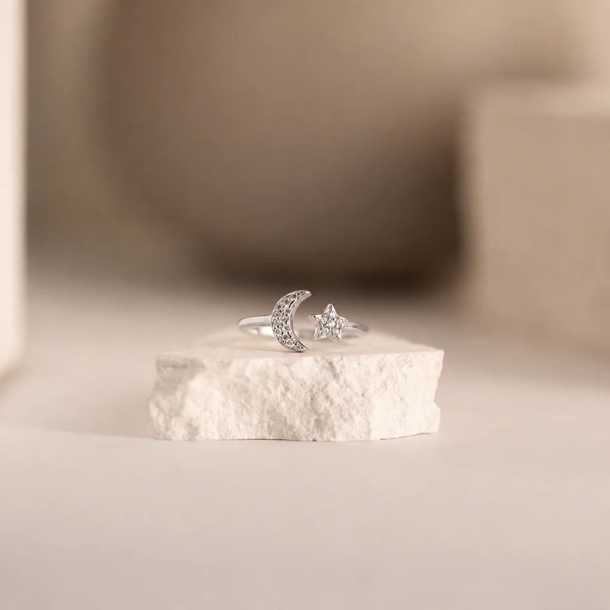 Pave Star and Moon Ring: Sterling Silver with 18K Gold Finish and Celestial Design