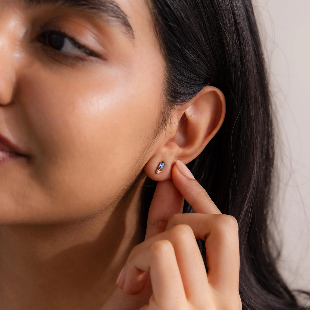 Blue Zircon Baguette Cut Drop Studs Silver 18K Gold Plated