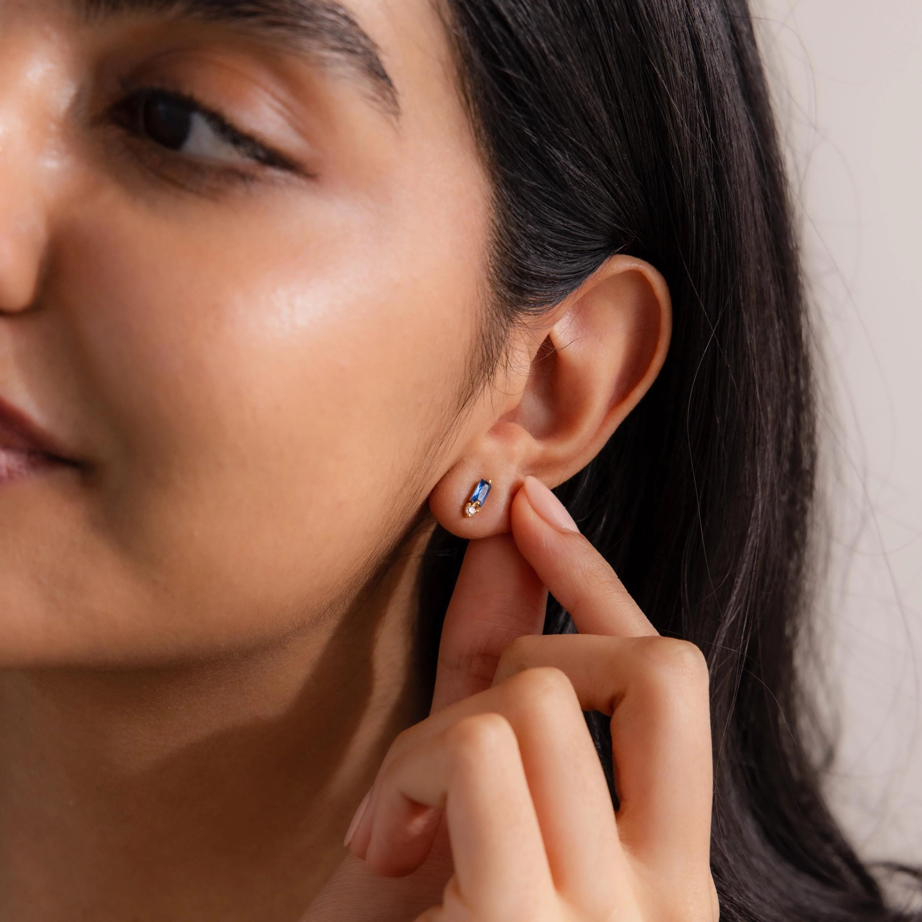 Blue Zircon Baguette Cut Drop Studs Silver 18K Gold Plated