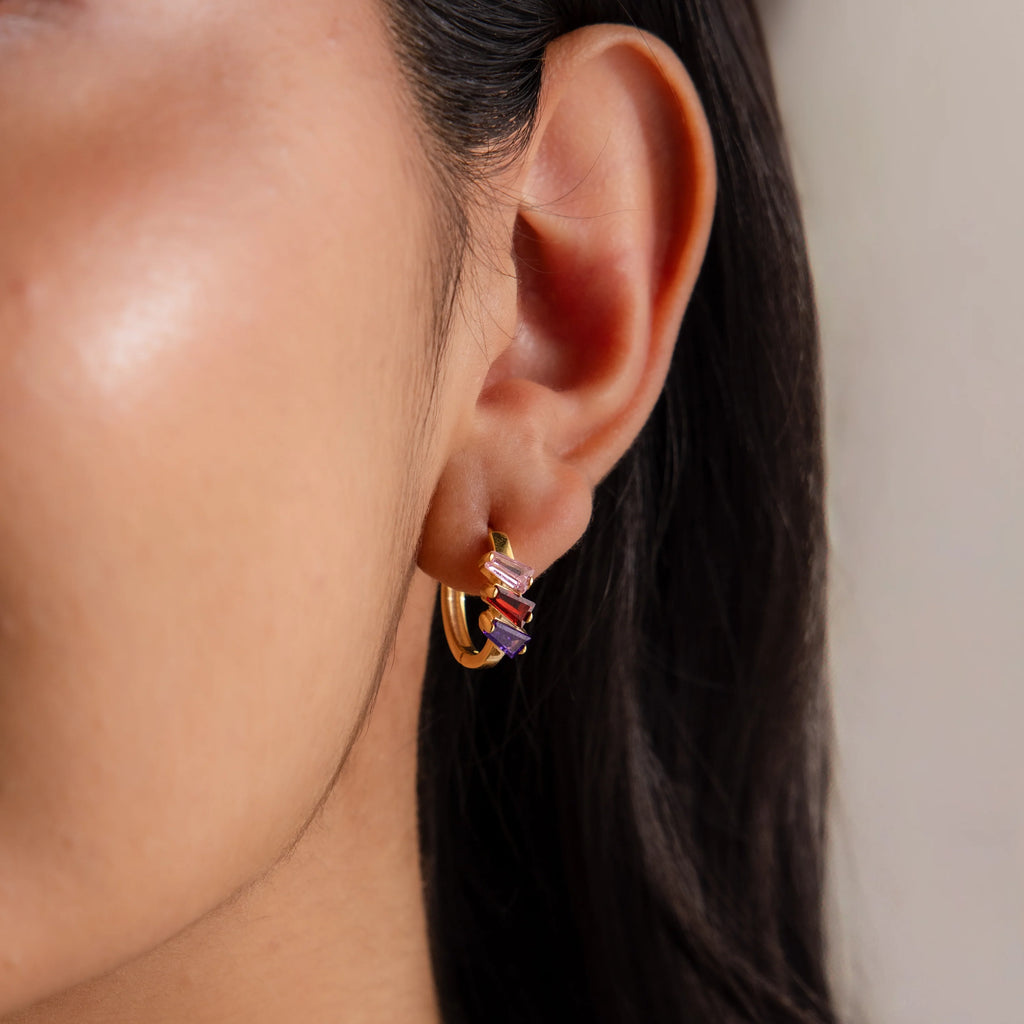 Multiple Tapered Birthstone Huggies Silver 18K Gold Plated