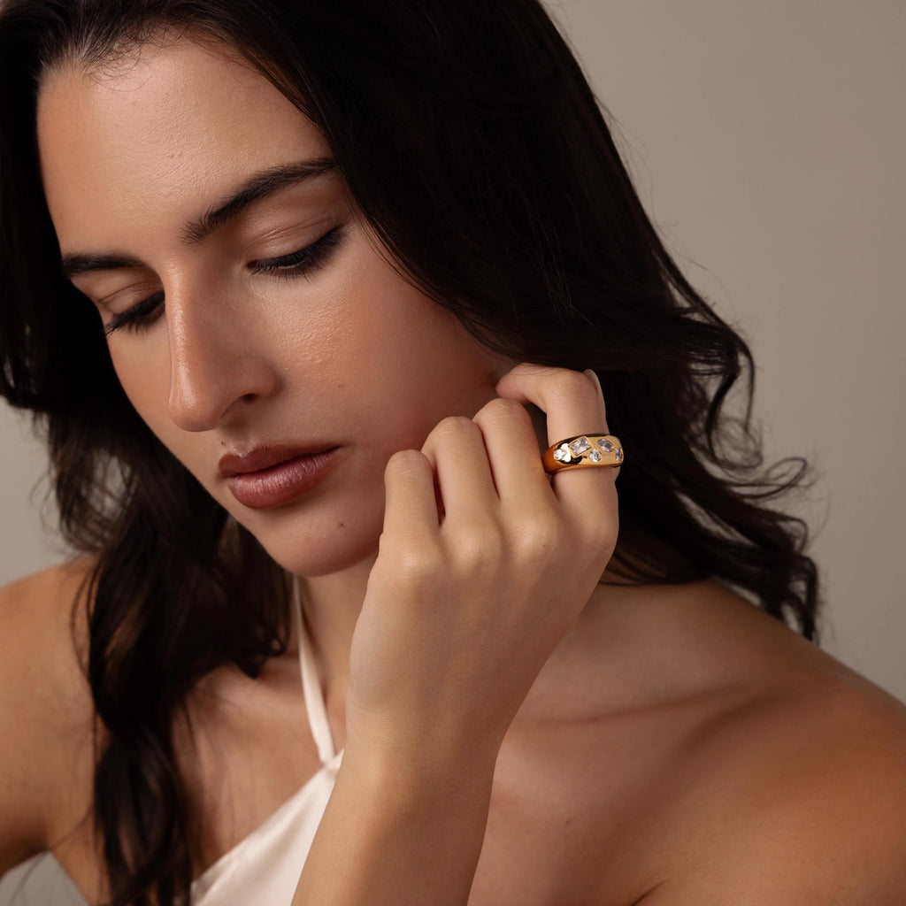 Diamond Confetti Signet Ring Silver 18K Gold Plated