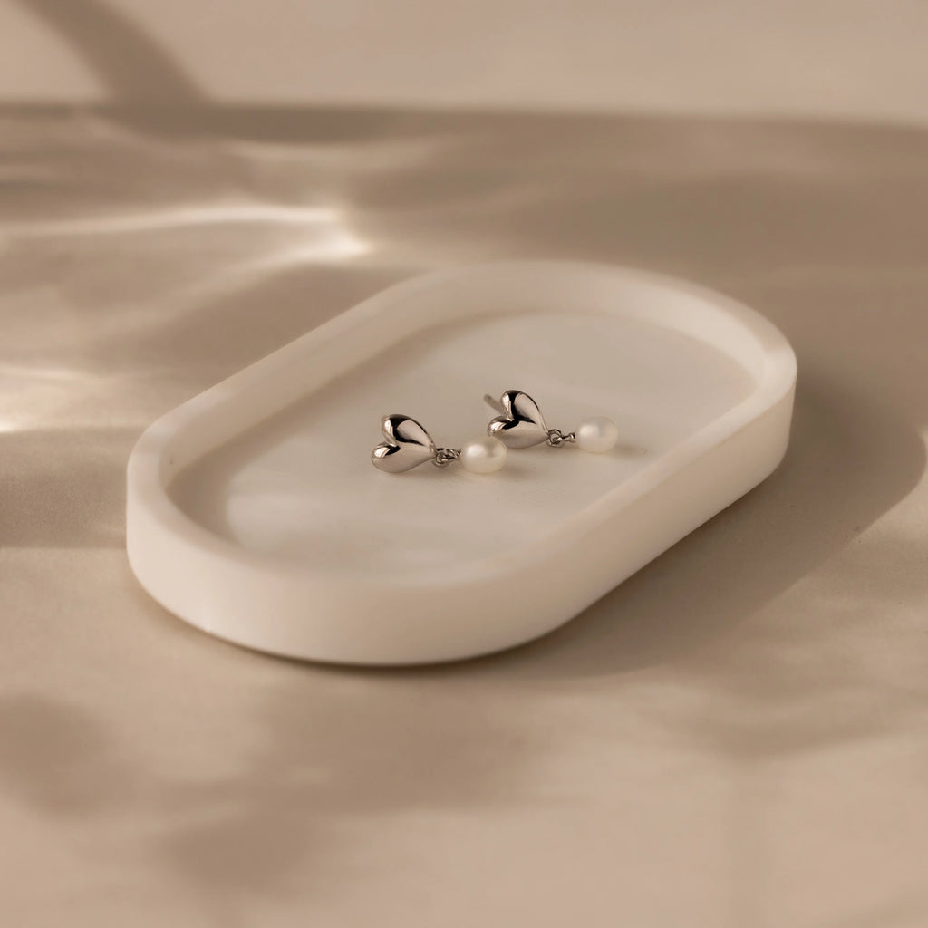 Heart Pearl Drop Earrings Silver 18K Gold Plated
