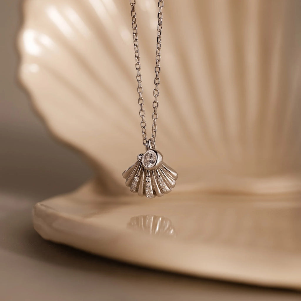 Diamond Seashell Charm Necklace Silver 18K Gold Plated