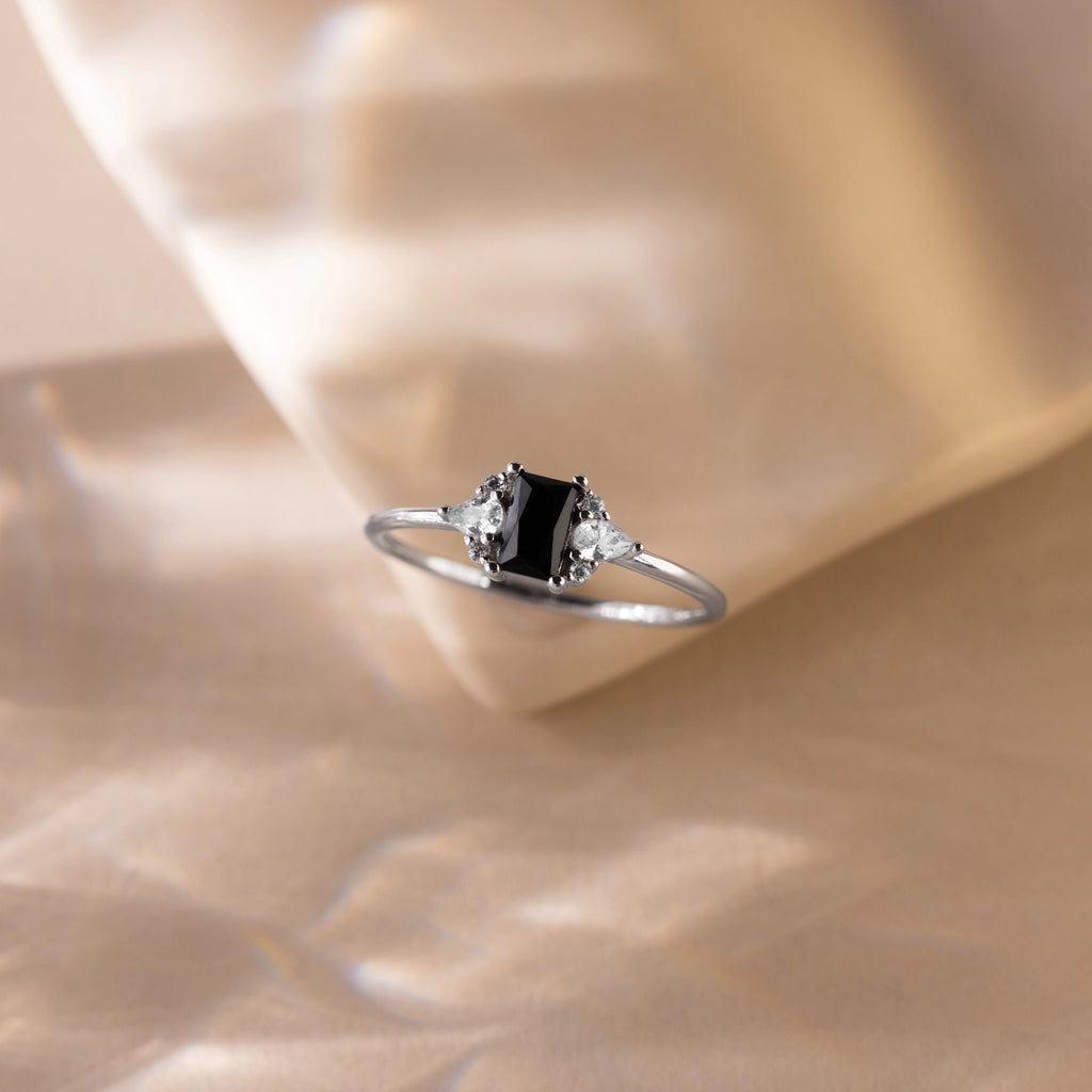 Diamond Black Baguette Onyx Ring Silver 18K Gold Plated