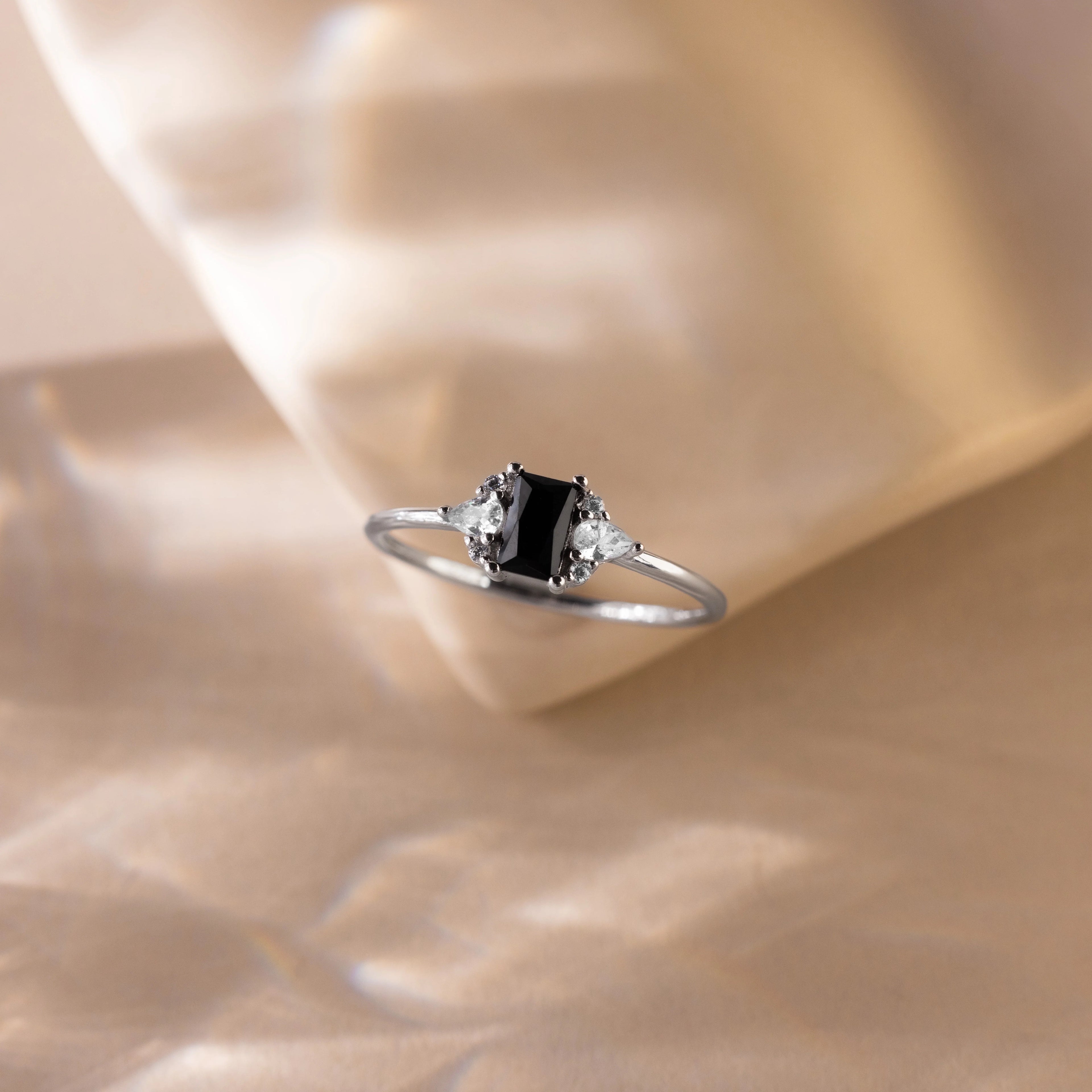 Diamond Black Baguette Onyx Ring Silver 18K Gold Plated