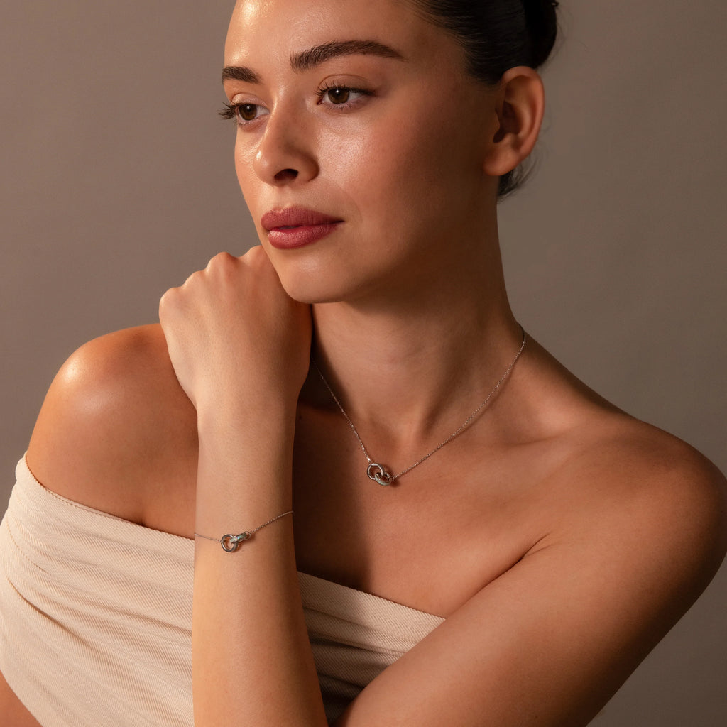 Interlocking Opal Inlay Necklace and Bracelet Set Silver 18K Gold Plated