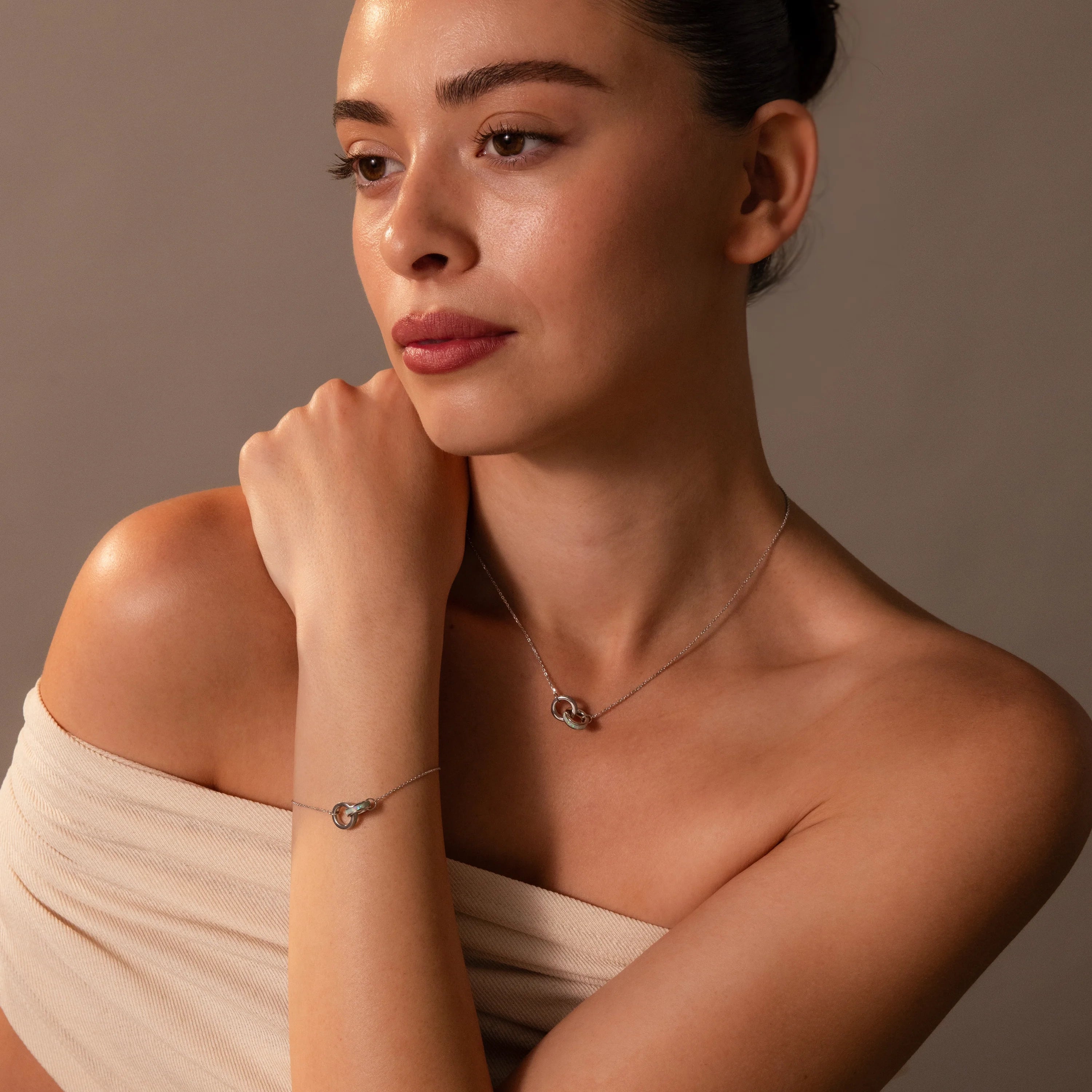 Interlocking Opal Inlay Necklace and Bracelet Set Silver 18K Gold Plated