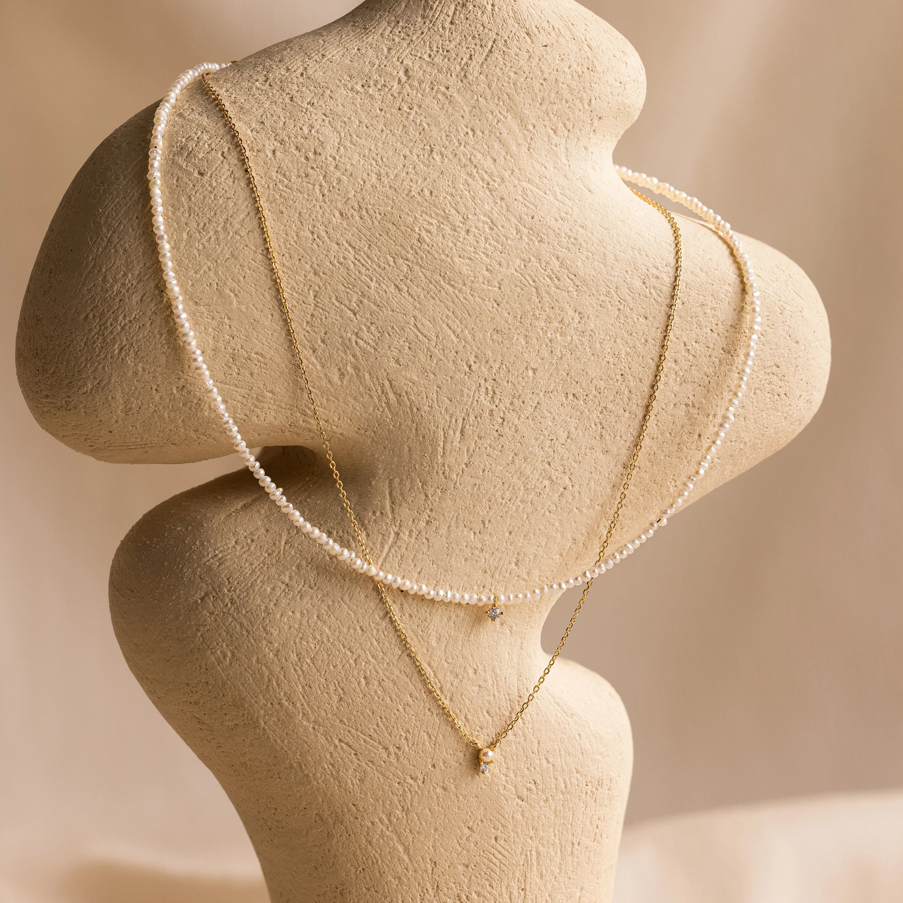 Pearl & Diamond Duo Necklace Silver 18K Gold Plated