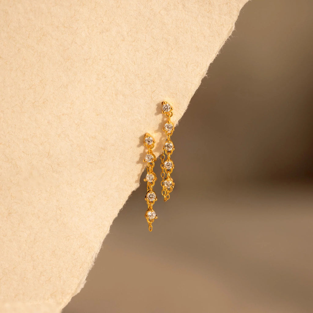 Diamond Chain Drop Earrings Silver 18K Gold Plated