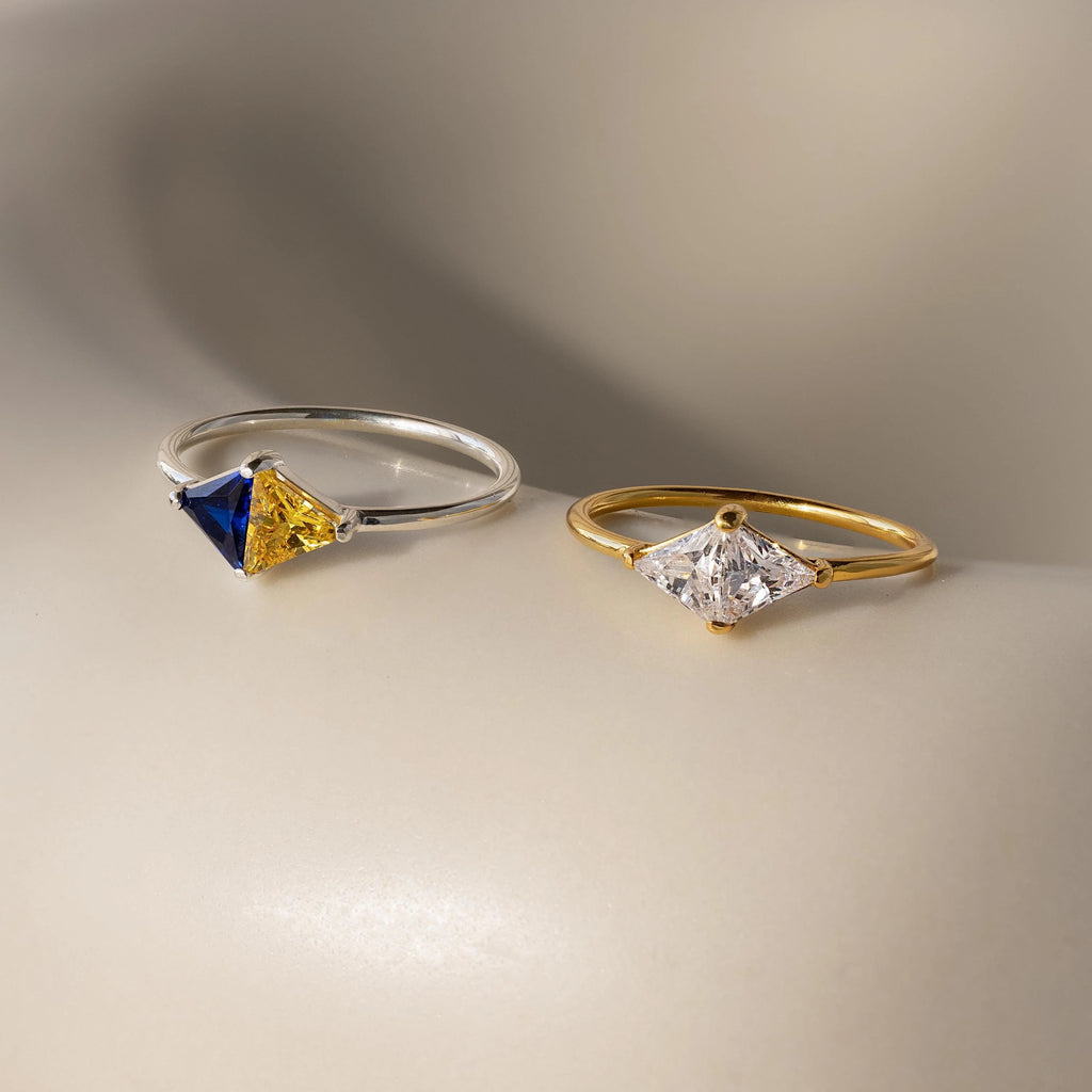 Toi et Moi Triangle Birthstone Ring Silver 18K Gold Plated