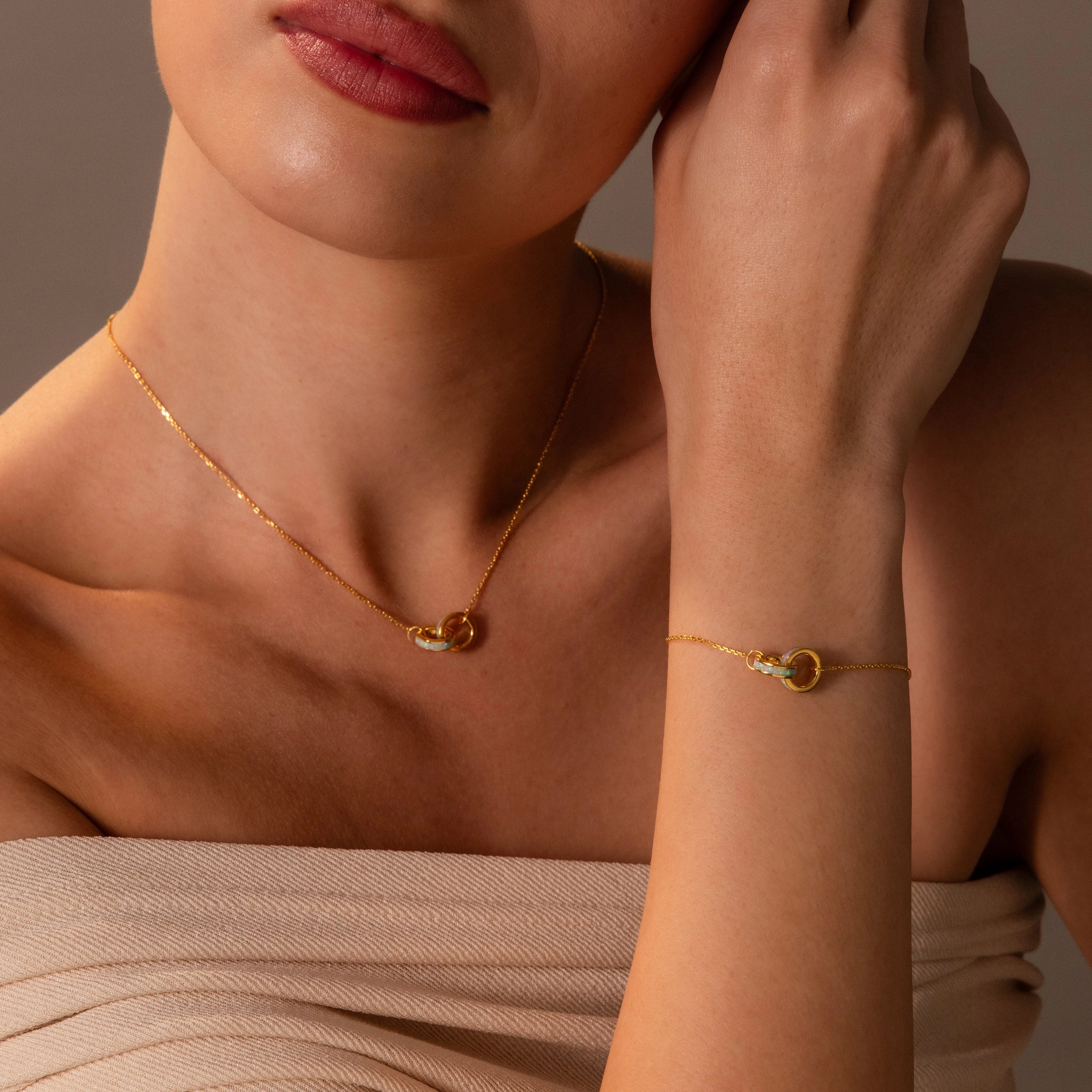 Interlocking Opal Inlay Necklace and Bracelet Set Silver 18K Gold Plated