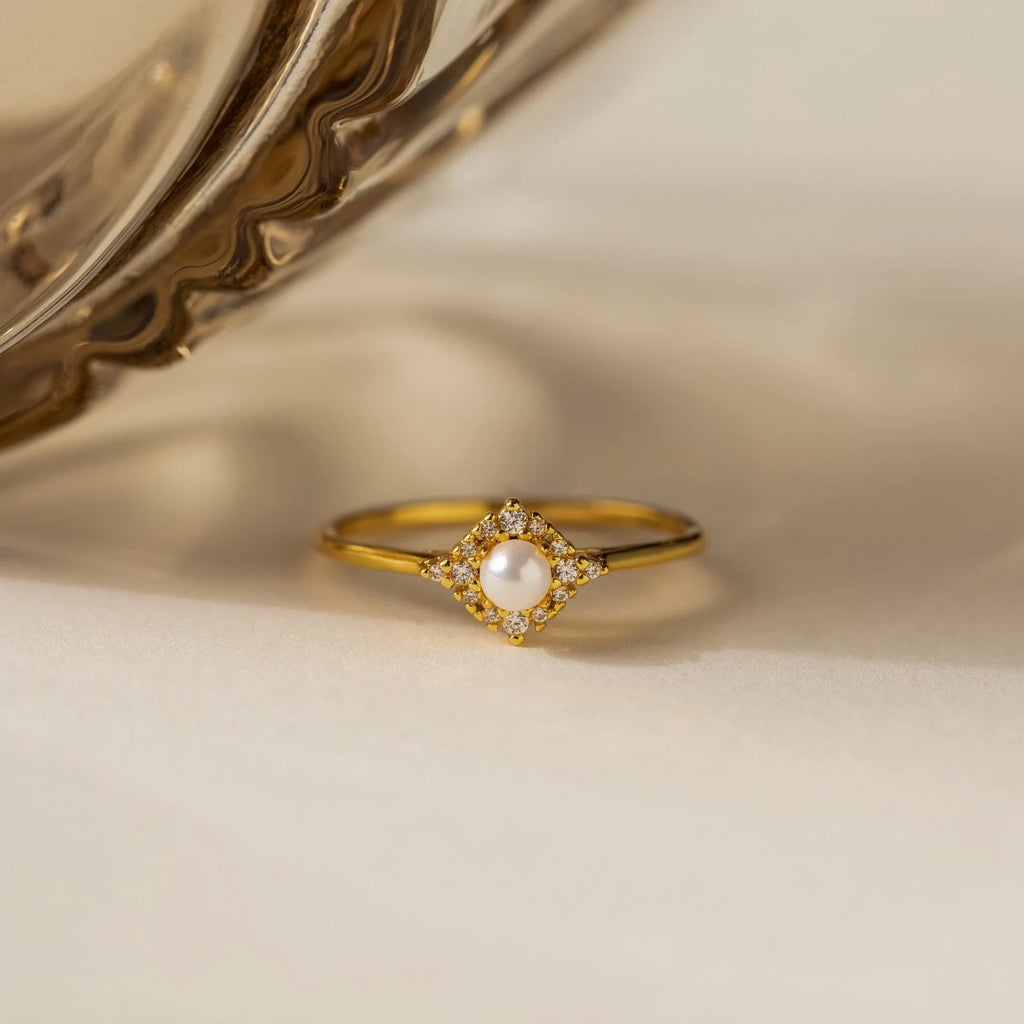 Pave Diamond Pearl Ring Silver 18K Gold Plated