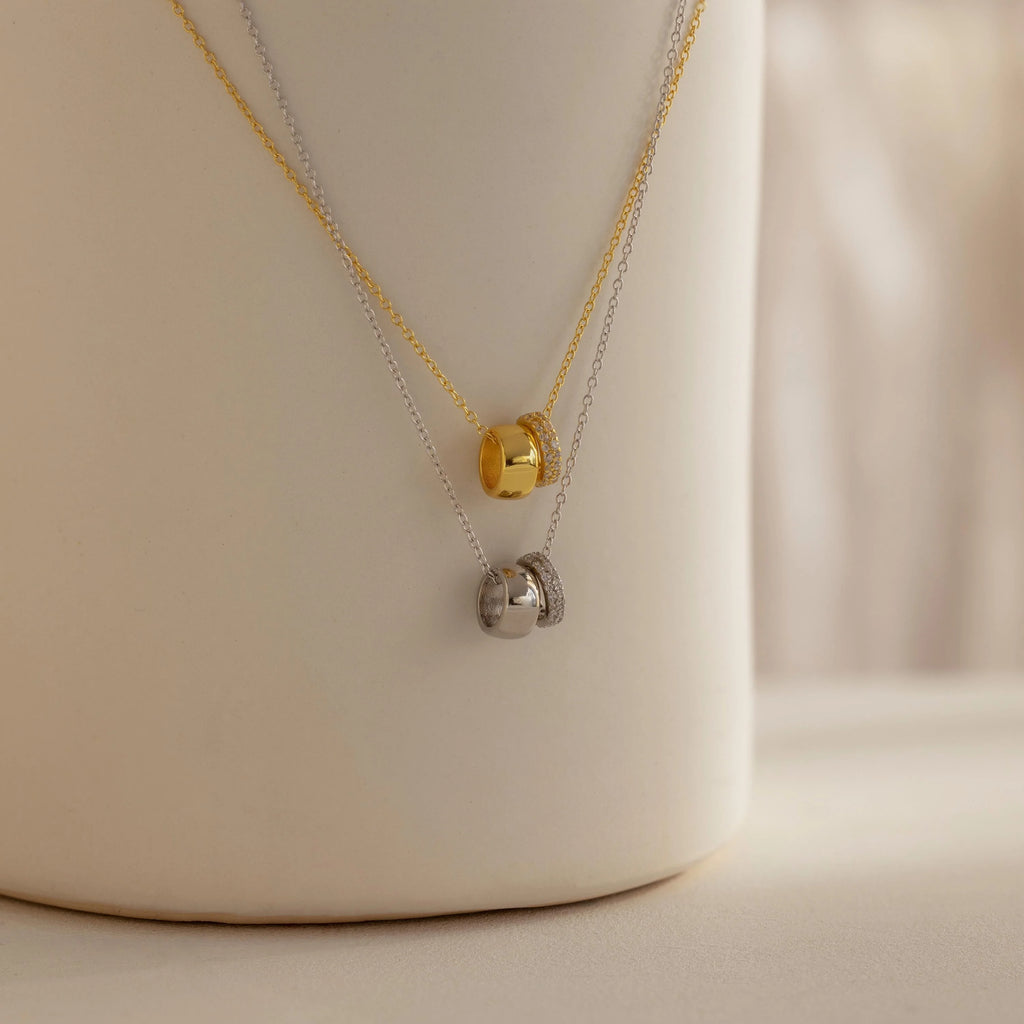 Pave Duo Circle Necklace Silver 18K Gold Plated