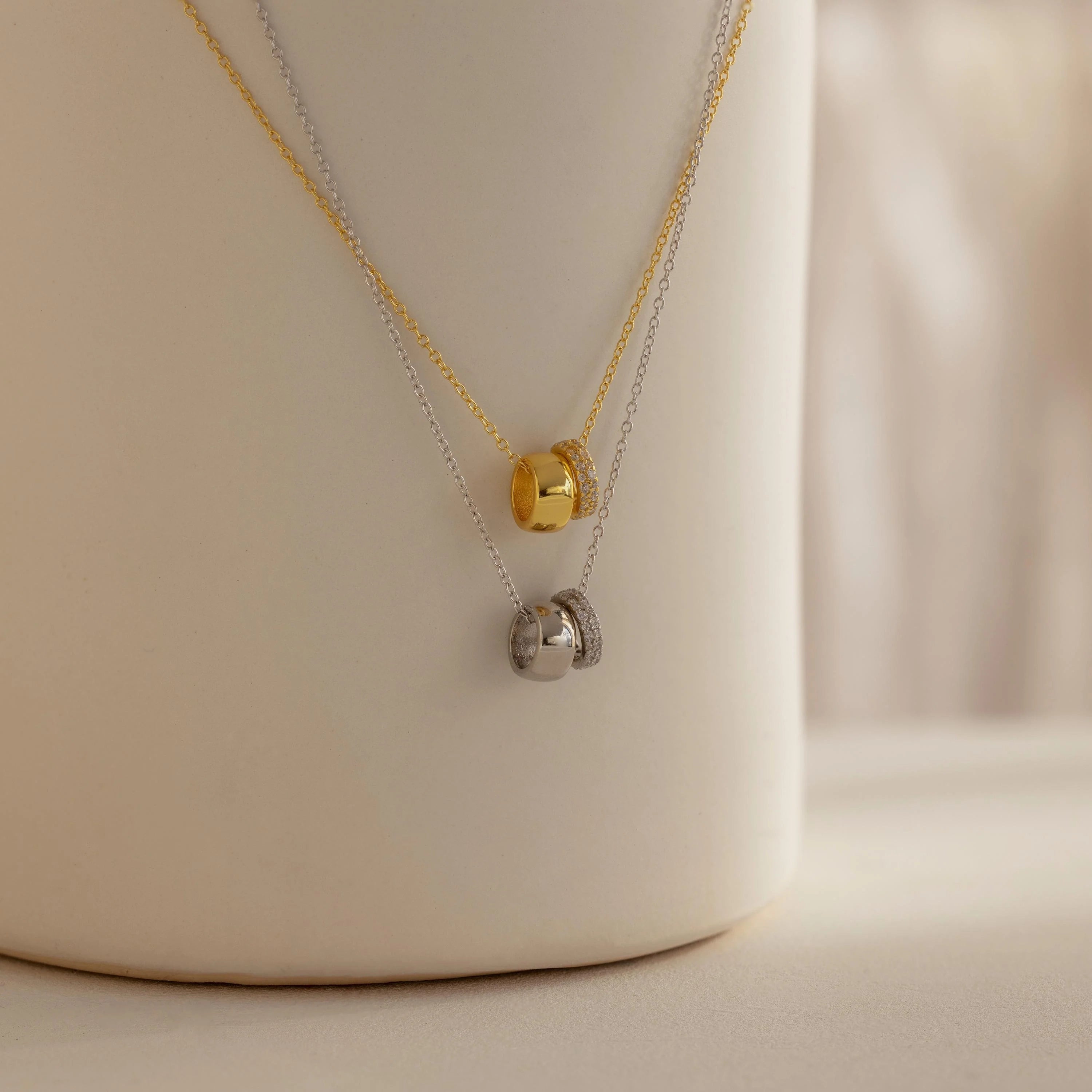 Pave Duo Circle Necklace Silver 18K Gold Plated