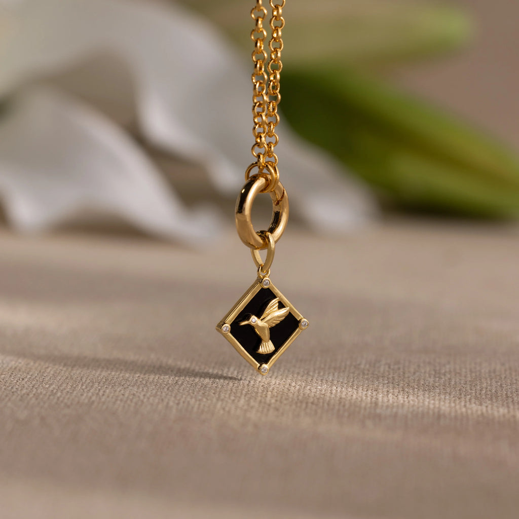 Diamond Onyx Hummingbird Charm Silver 18K Gold Plated