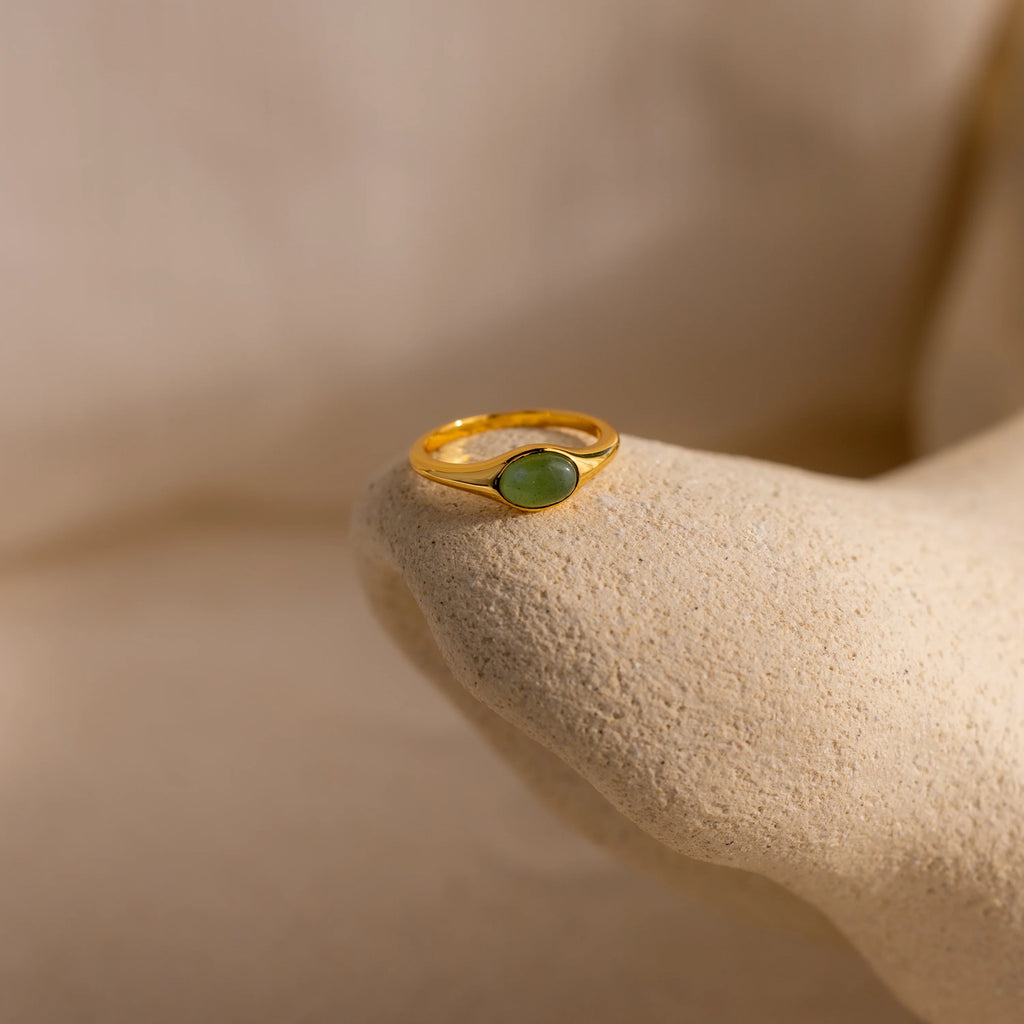 Oval Cut Jade Signet Ring Silver 18K Gold Plated