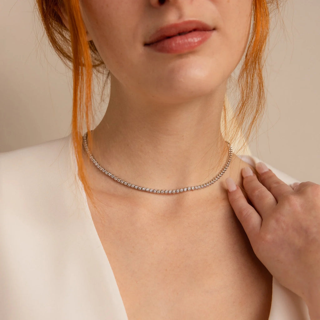 Diamond Bezel Tennis Necklace & Bracelet Set Silver 18K Gold Plated
