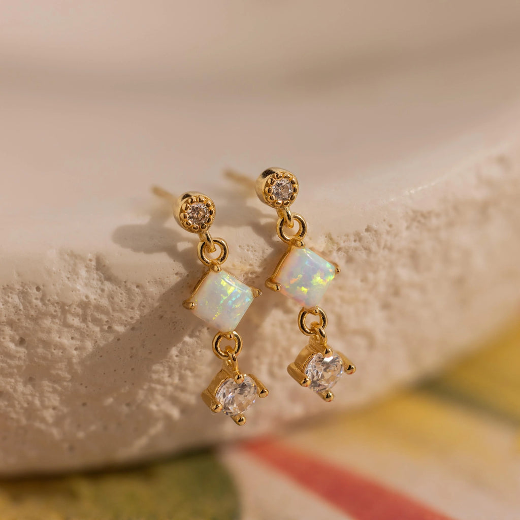Opal & Diamond Drop Studs Silver 18K Gold Plated