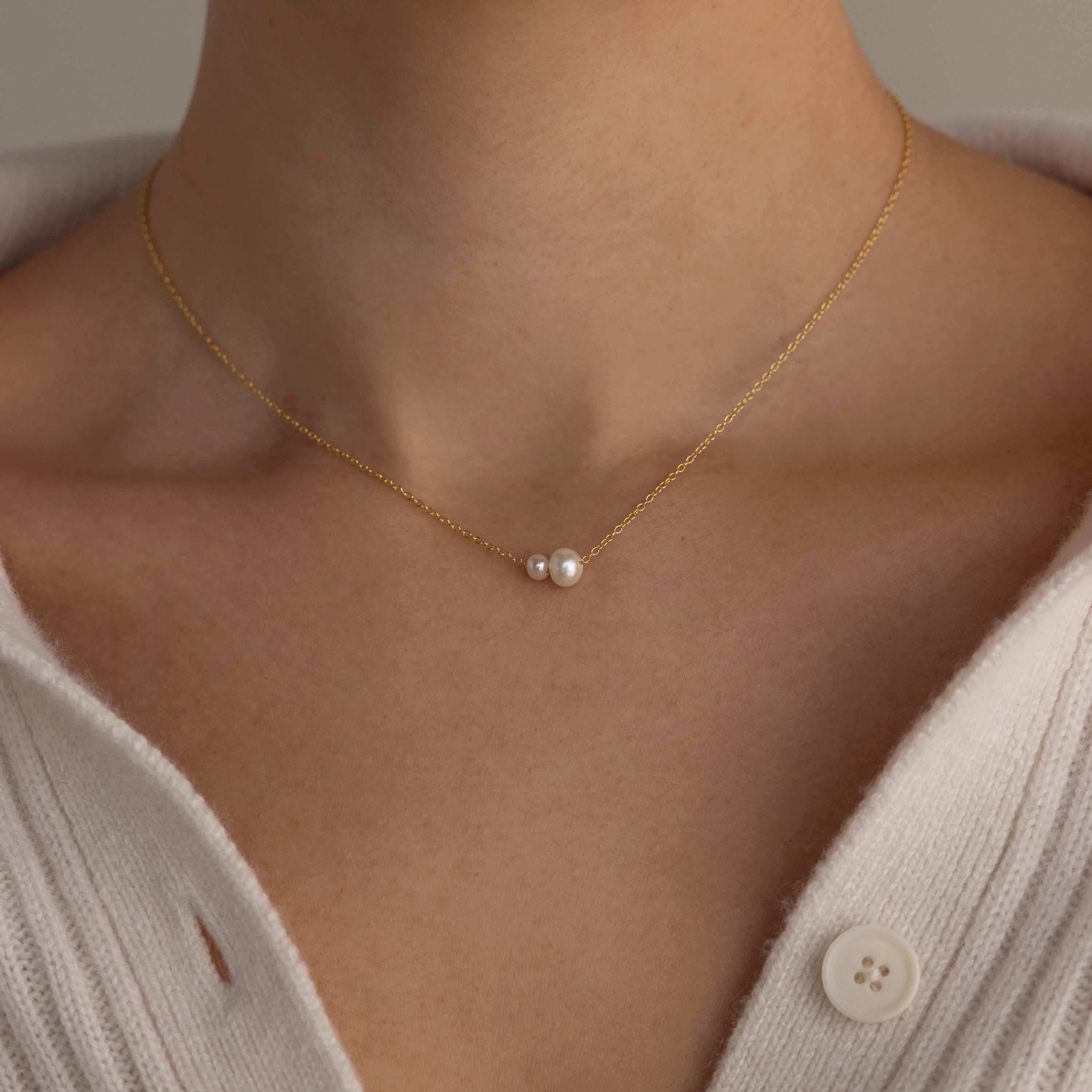 Dainty Duo Pearl Necklace Silver 18K Gold Plated