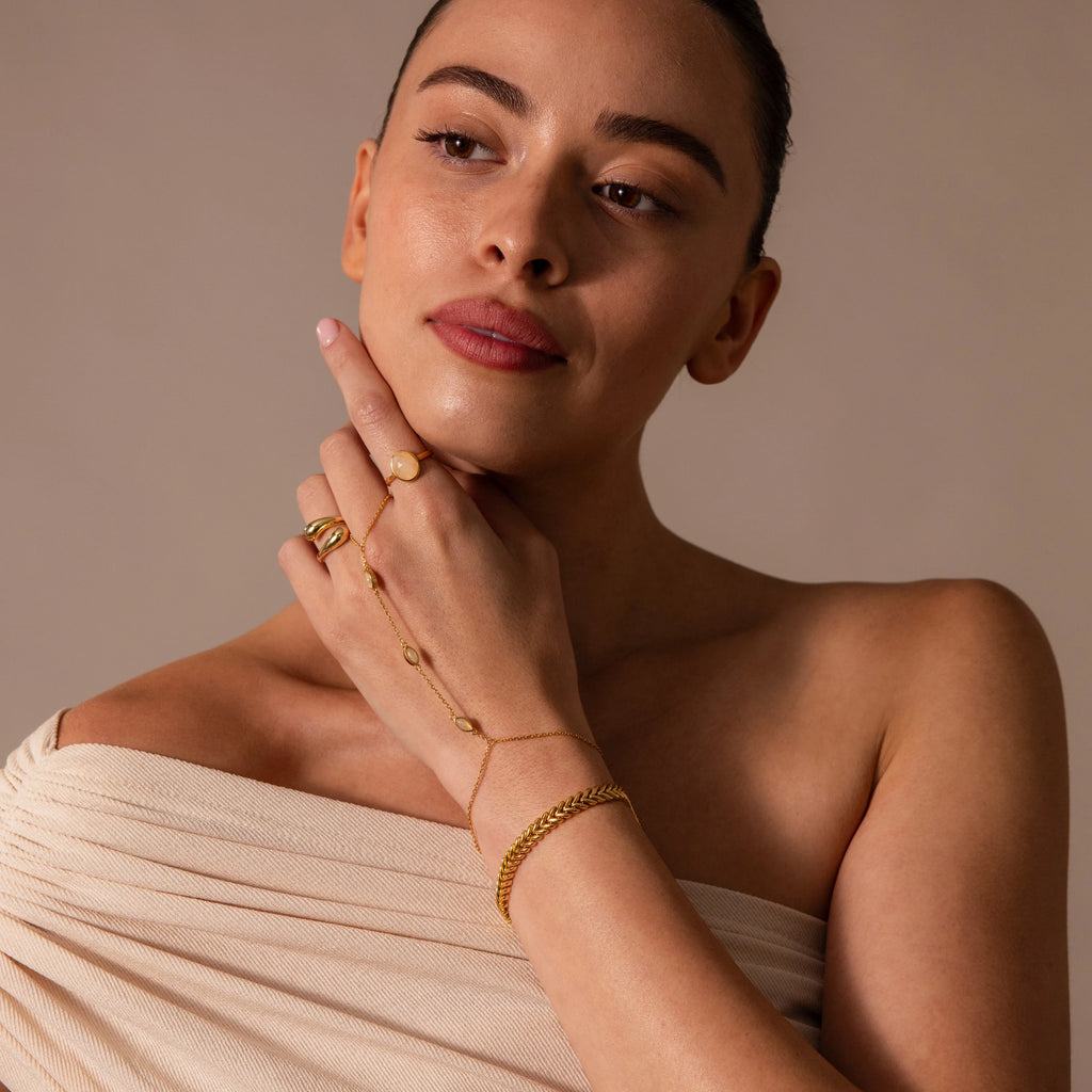 Moonstone Hand Ring Chain Bracelet Silver 18K Gold Plated