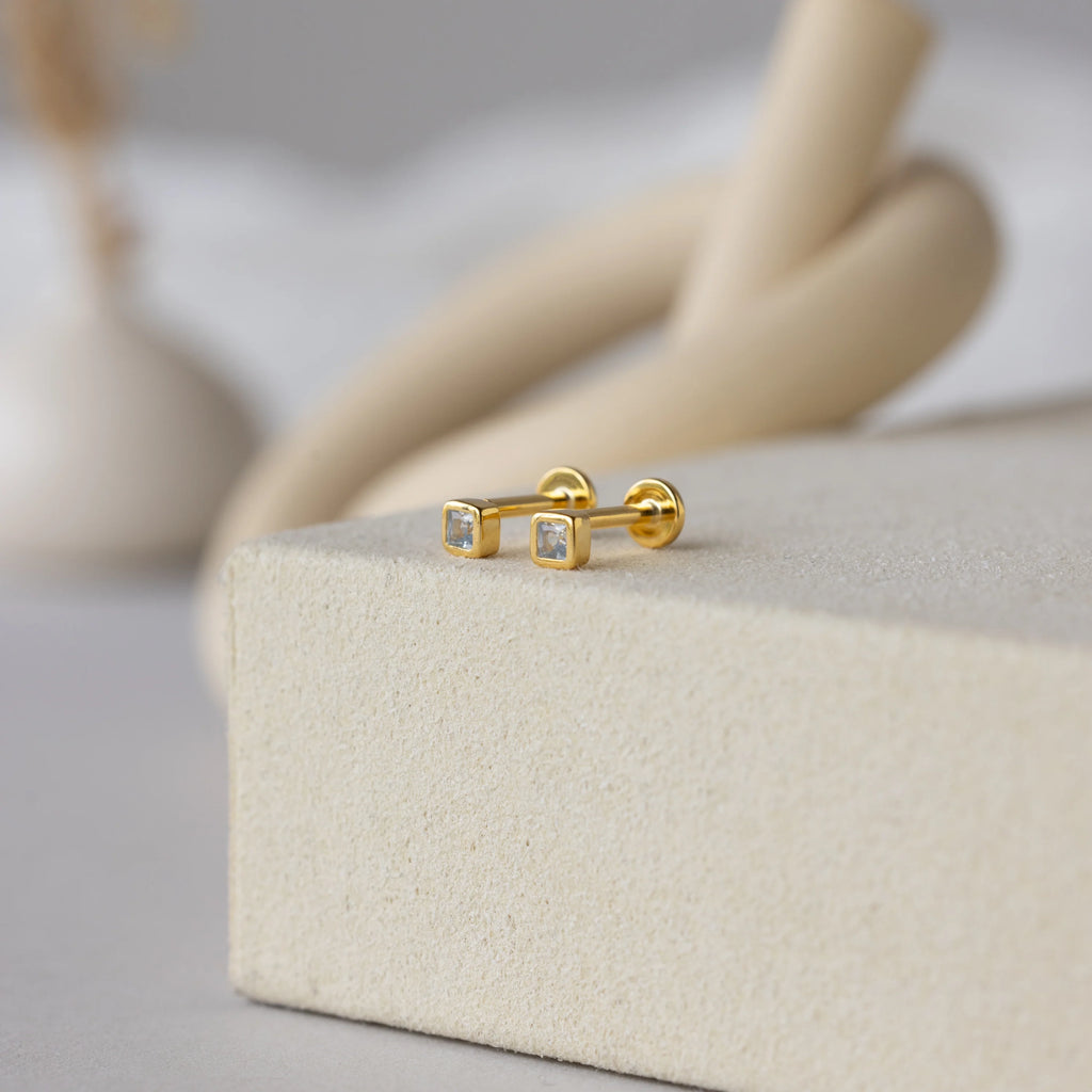 Square Bezel Aquamarine Flat Back Studs Silver 18K Gold Plated