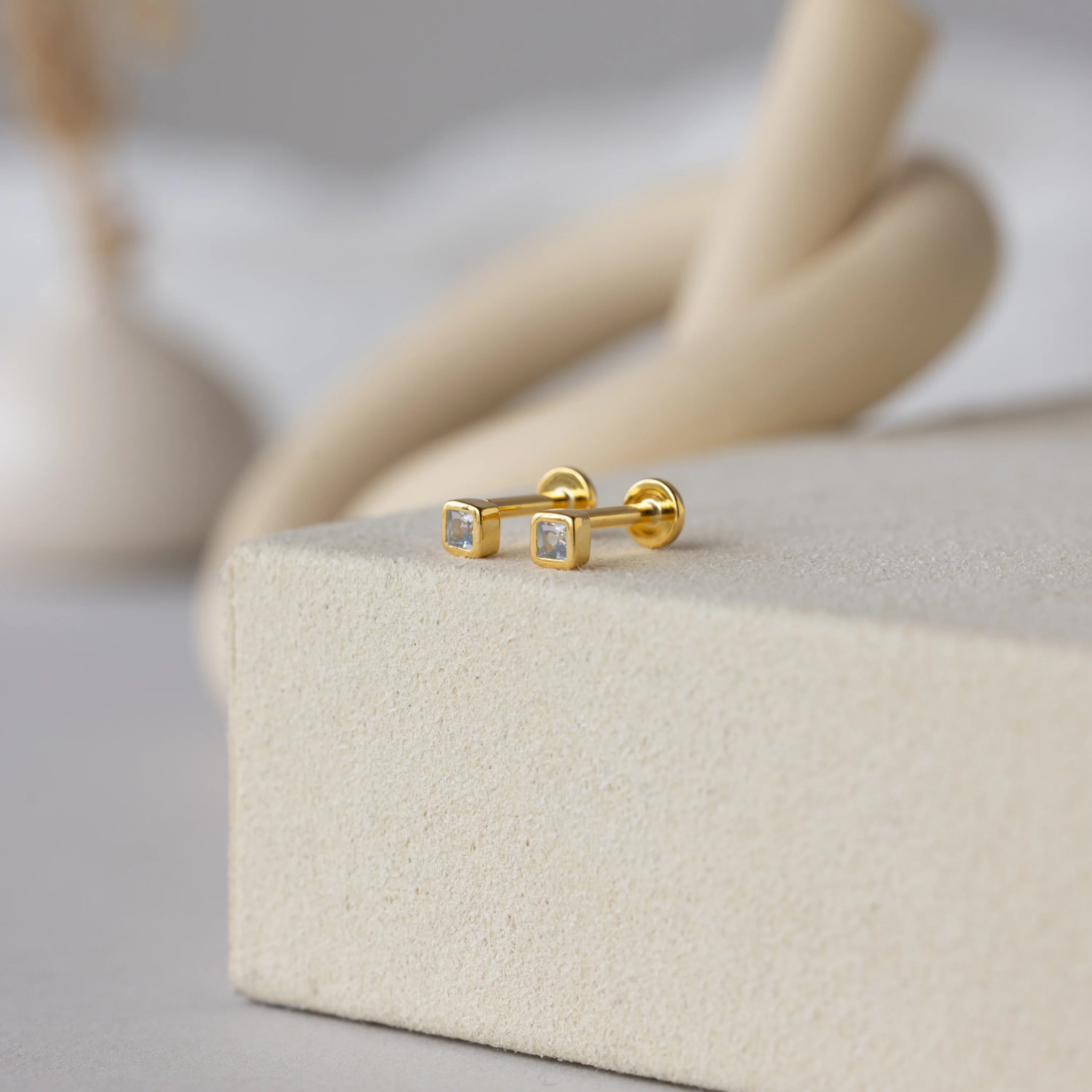 Square Bezel Aquamarine Flat Back Studs Silver 18K Gold Plated