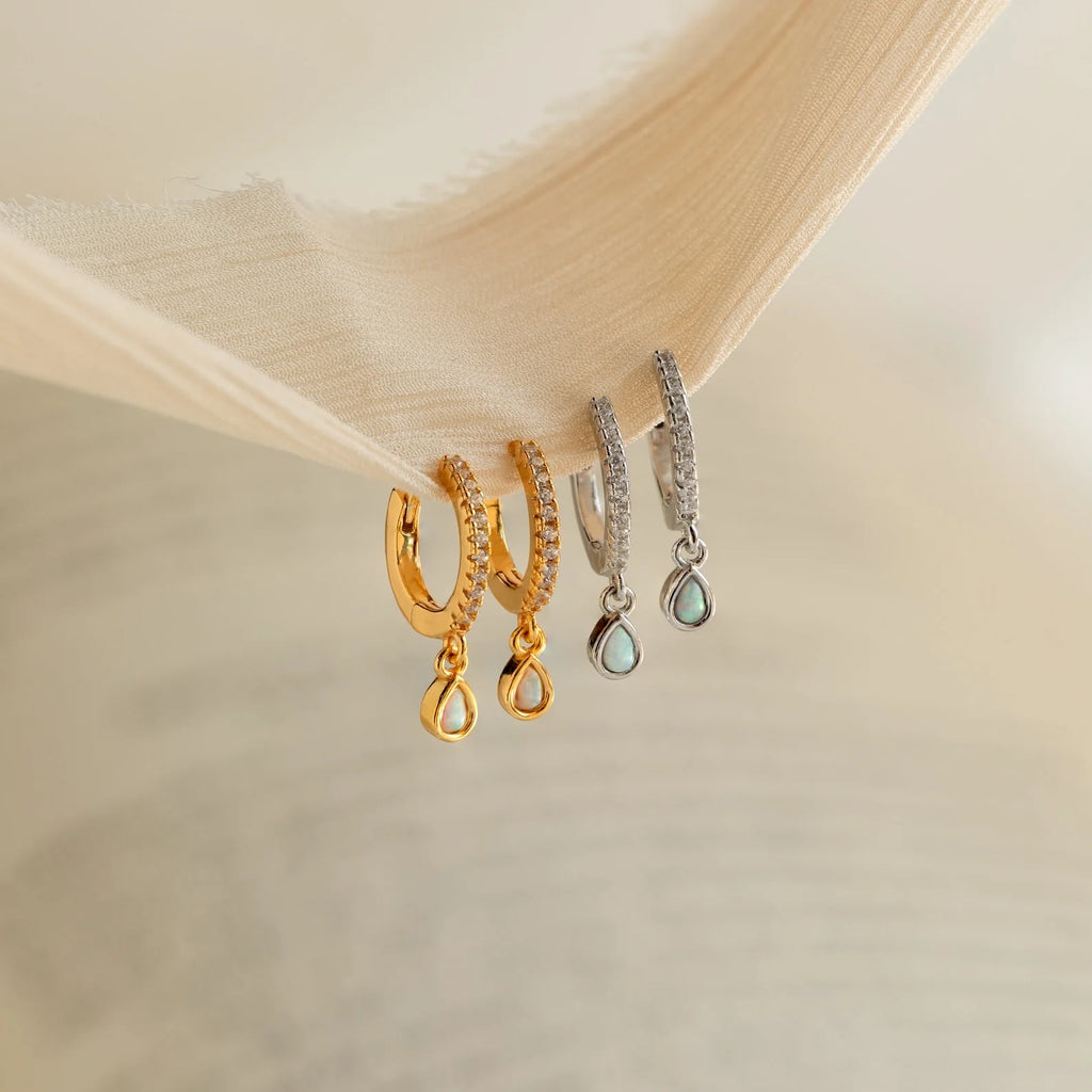 Diamond Opal Drop Charm Huggies Silver 18K Gold Plated