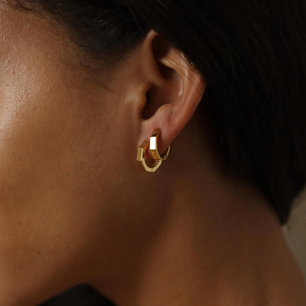 Hexagon Huggie Earrings Silver 18K Gold Plated