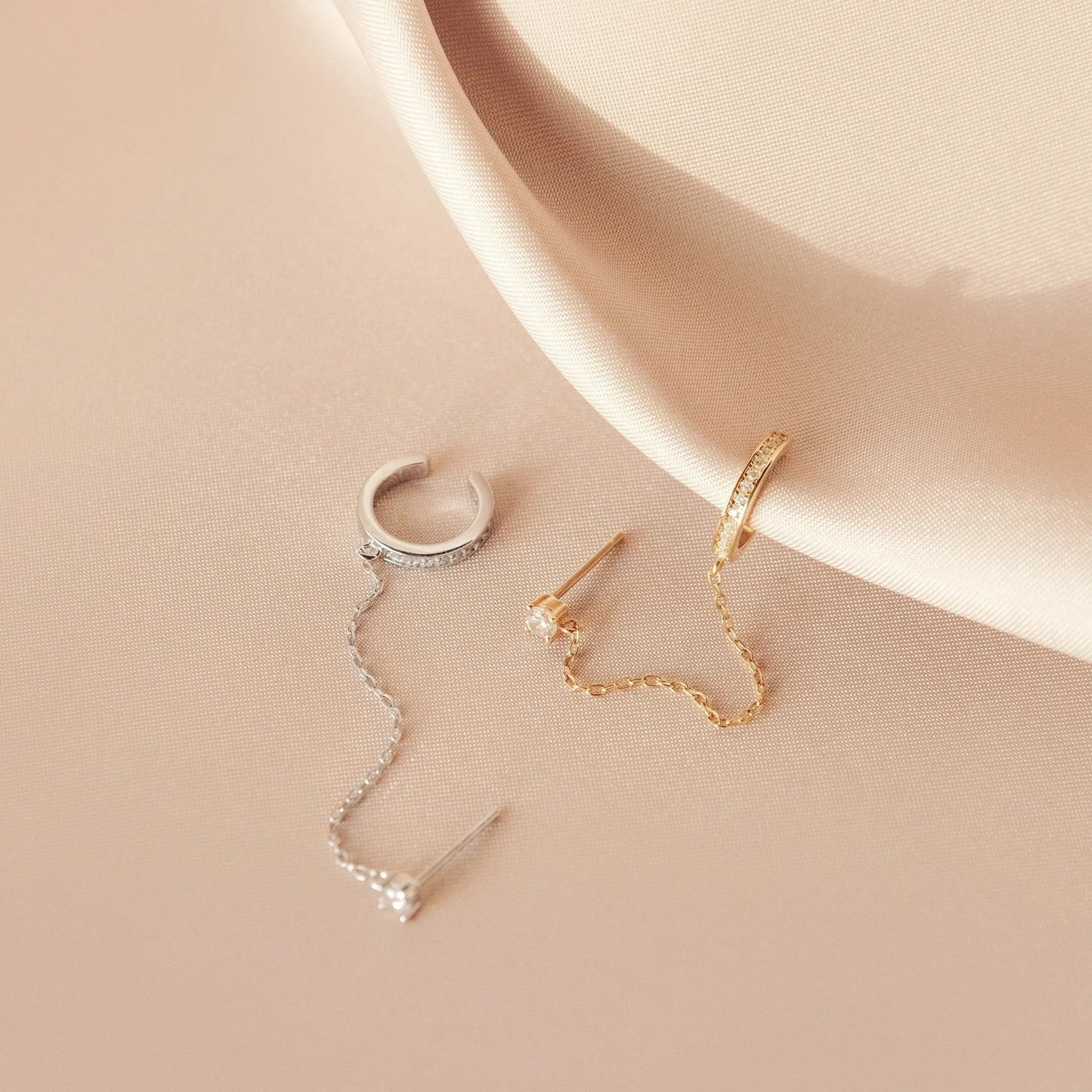 Diamond Pave Chain Ear Cuffs Silver 18K Gold Plated