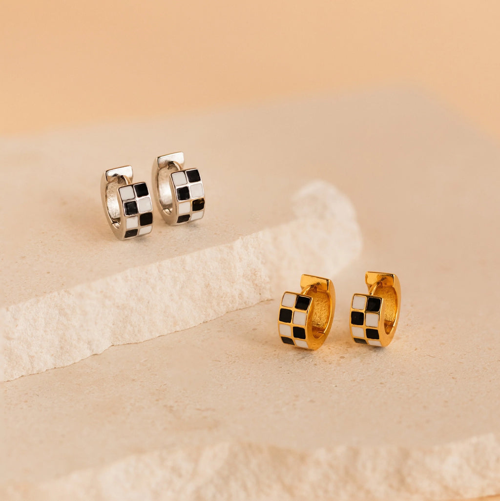 Checkered Huggies Silver 18K Gold Plated