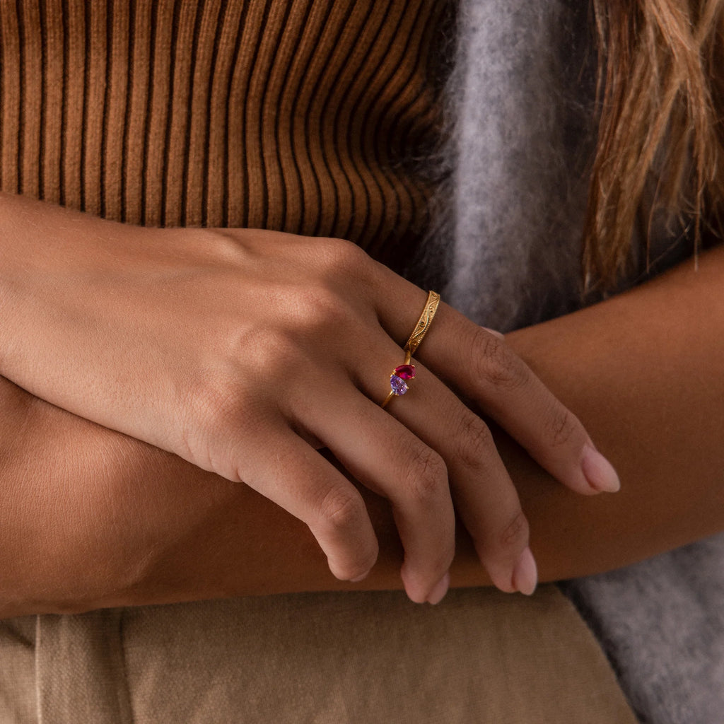 Toi et Moi Teardrop Heart Ring Silver 18K Gold Plated