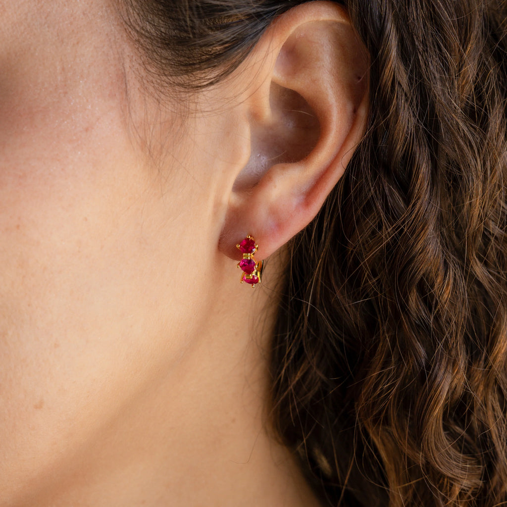 Triple Ruby Huggies Silver 18K Gold Plated