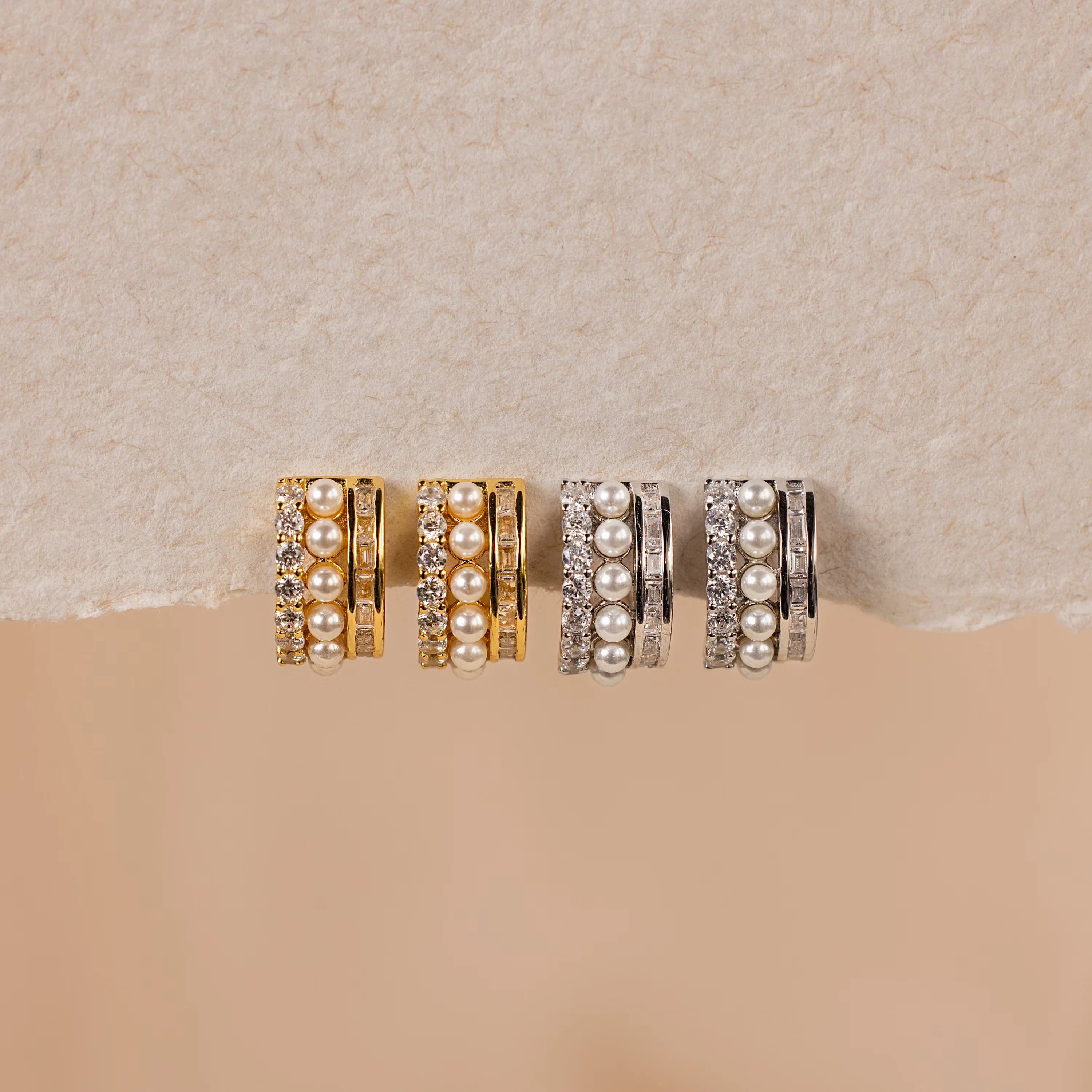 Diamond Pearl Stacked Hoops Silver 18K Gold Plated