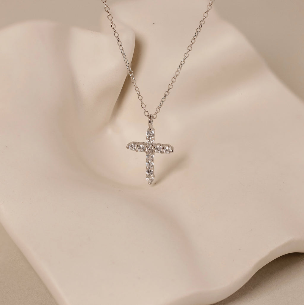 Pave Cross Charm Necklace Silver 18K Gold Plated