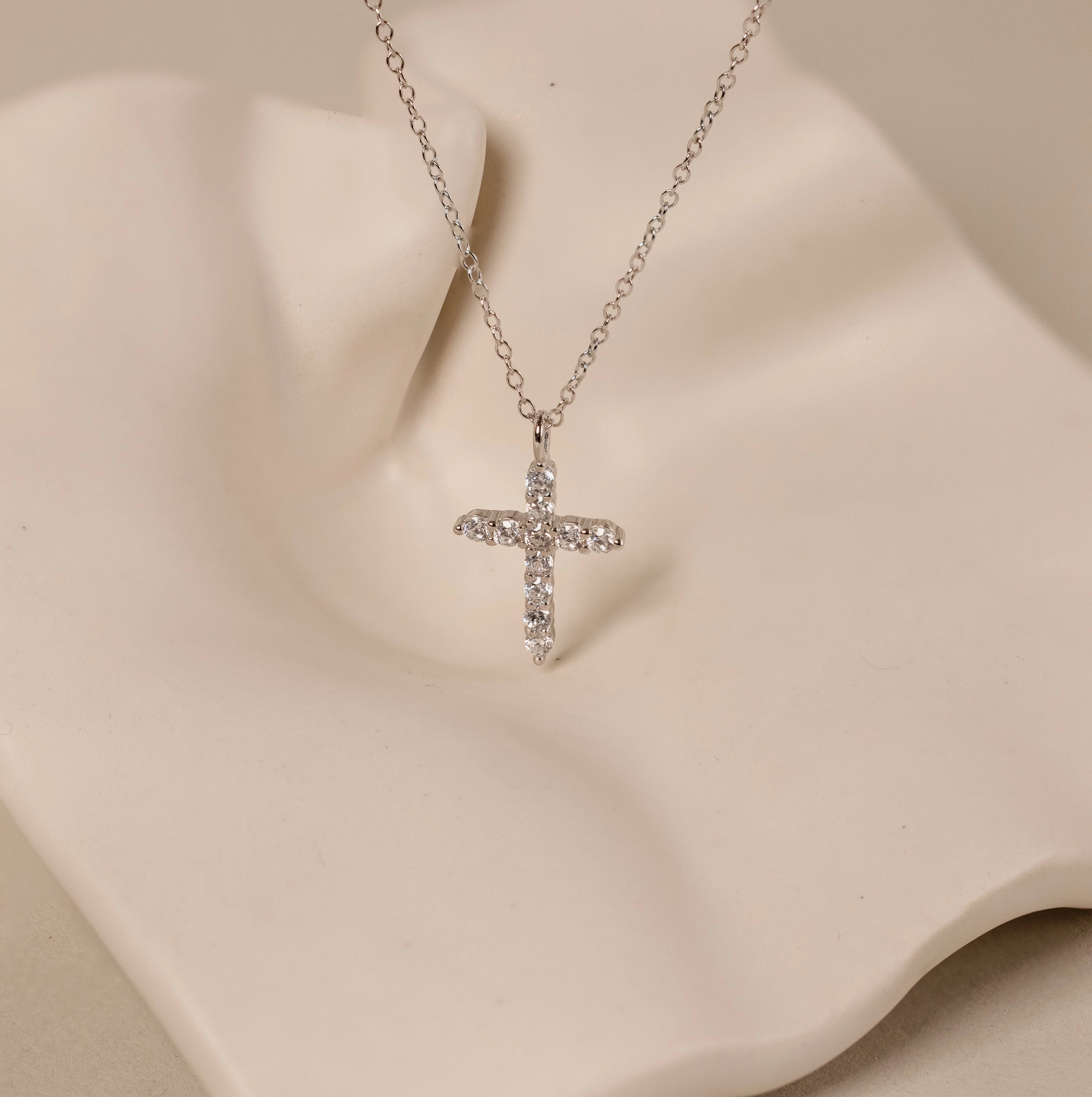 Pave Cross Charm Necklace Silver 18K Gold Plated