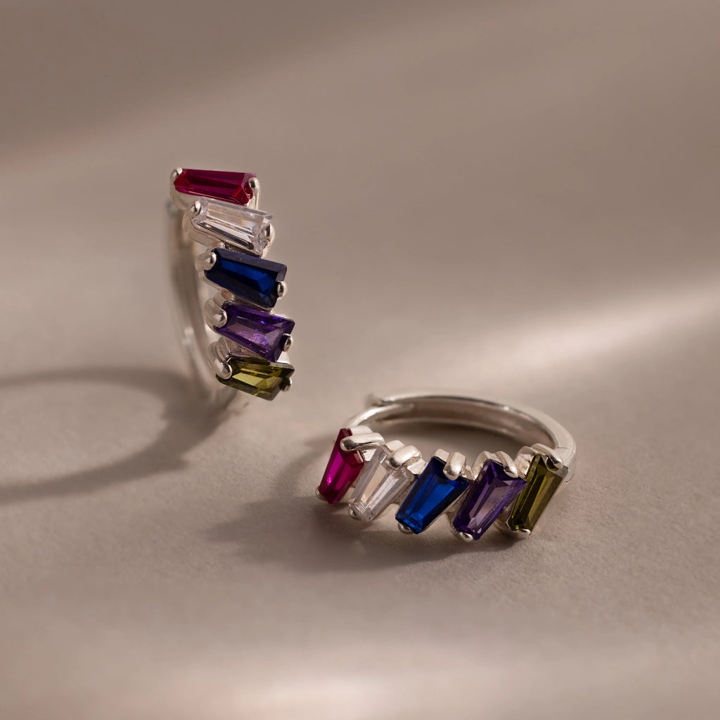 Multiple Tapered Birthstone Huggies Silver 18K Gold Plated