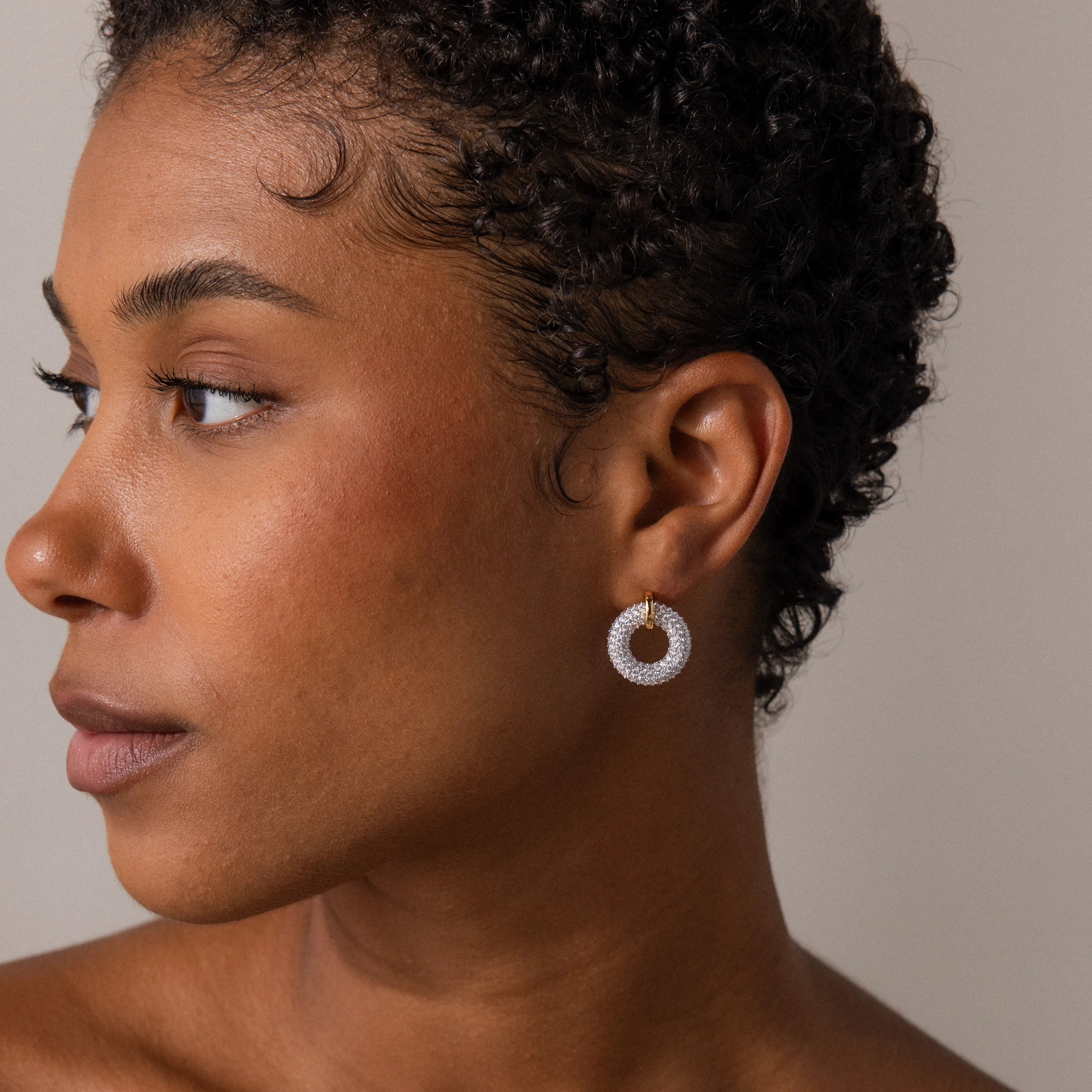 Mixed Metal Pave Circle Studs Silver 18K Gold Plated