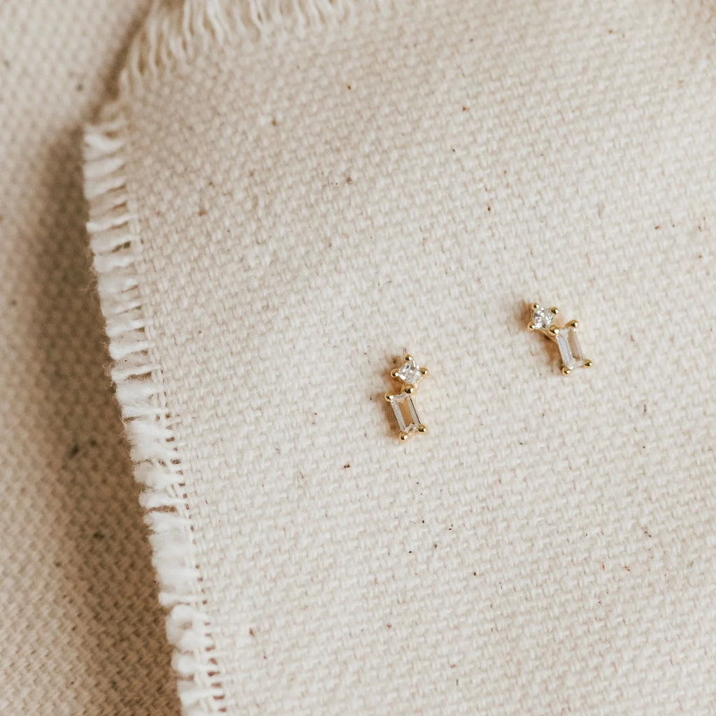 Round & Baguette Diamond Drop Studs Silver 18K Gold Plated