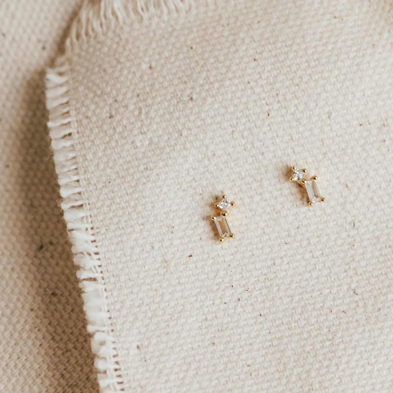 Round & Baguette Diamond Drop Studs Silver 18K Gold Plated