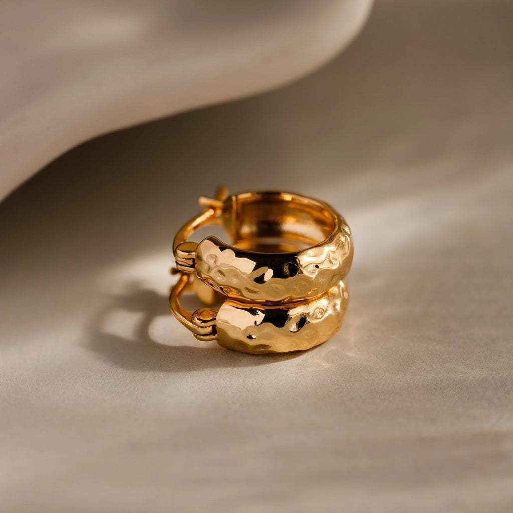 Bold Hammered Huggies Silver 18K Gold Plated