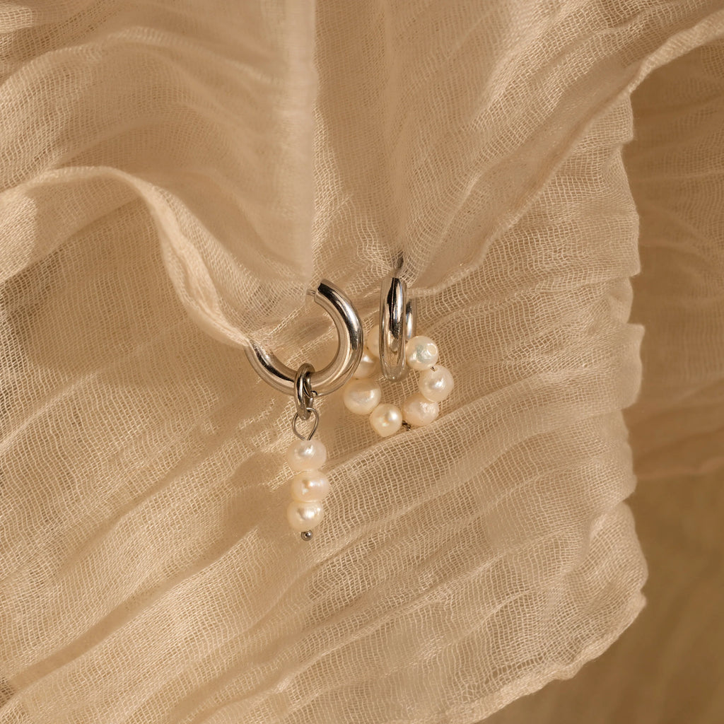 Mismatched Pearl Drop Hoops Silver 18K Gold Plated