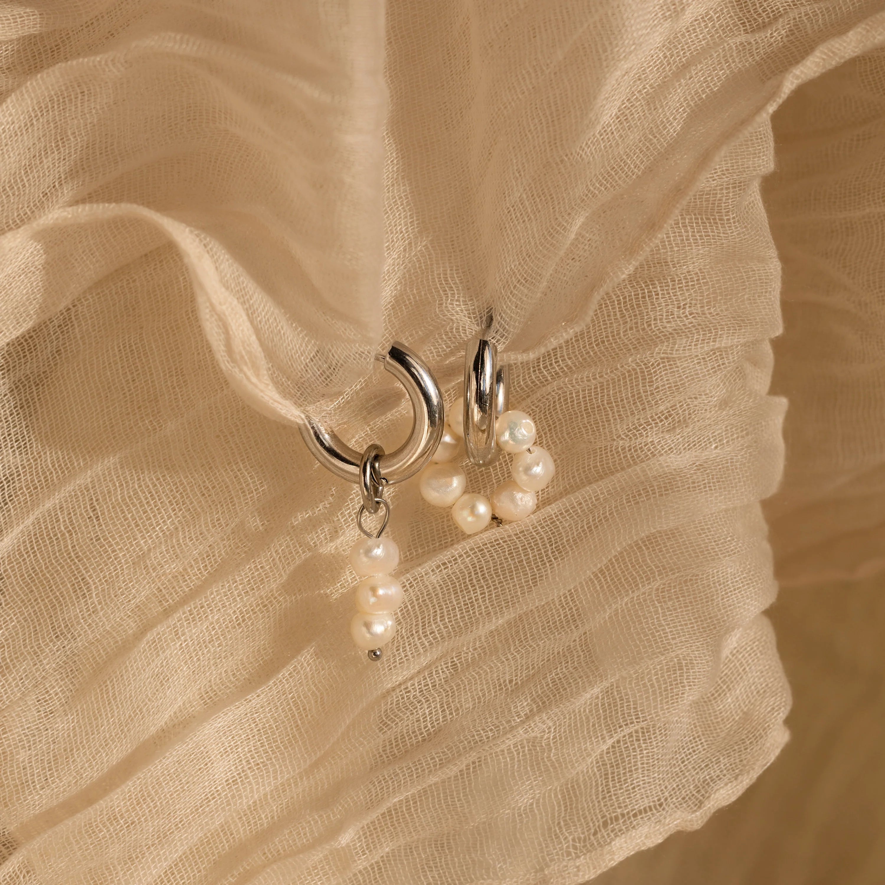 Mismatched Pearl Drop Hoops Silver 18K Gold Plated