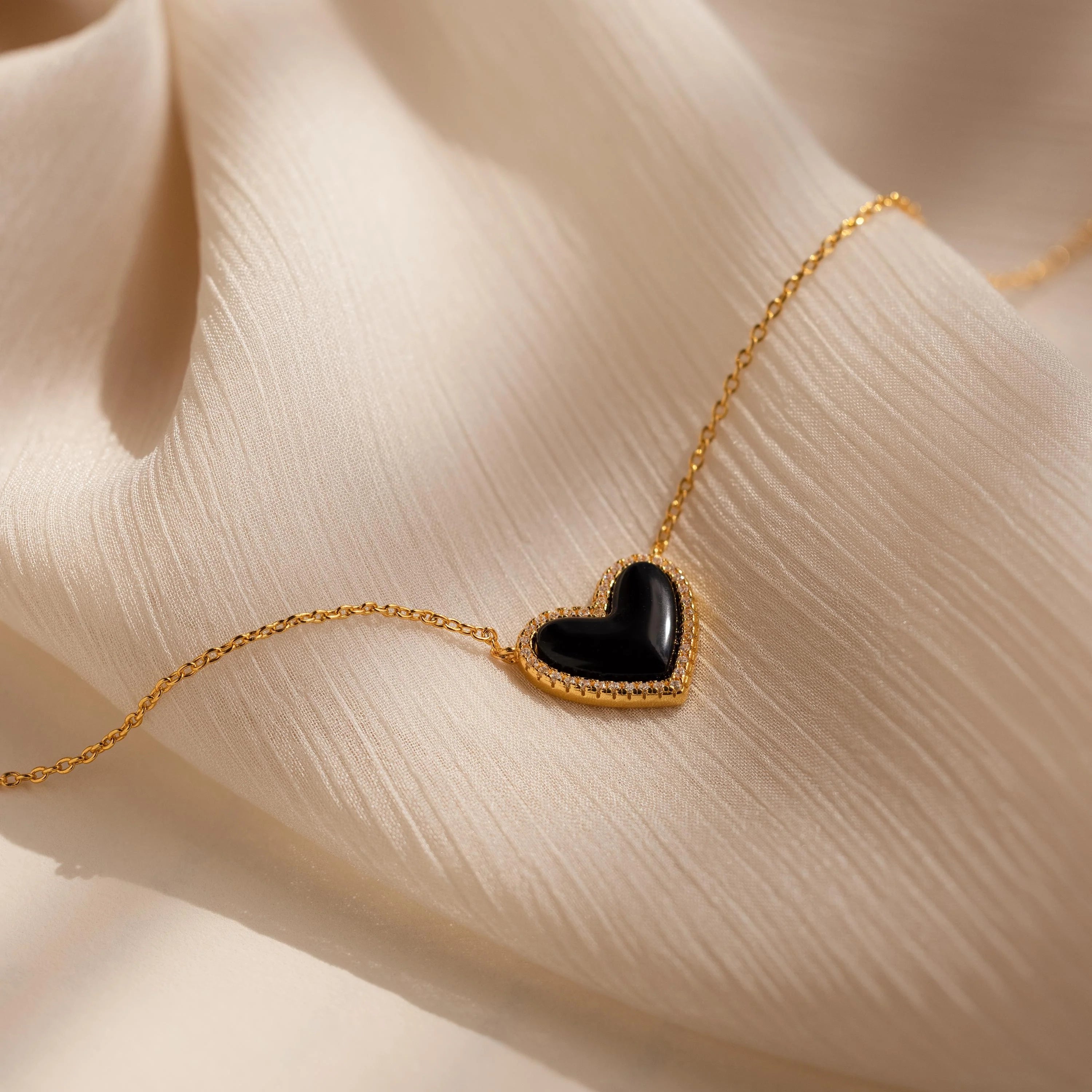 Diamond Onyx Puff Heart Necklace Silver 18K Gold Plated