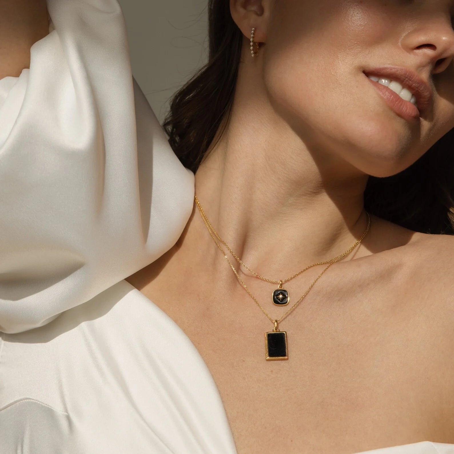 Hermoine Black Enamel Pendant Necklace Silver 18K Gold Plated