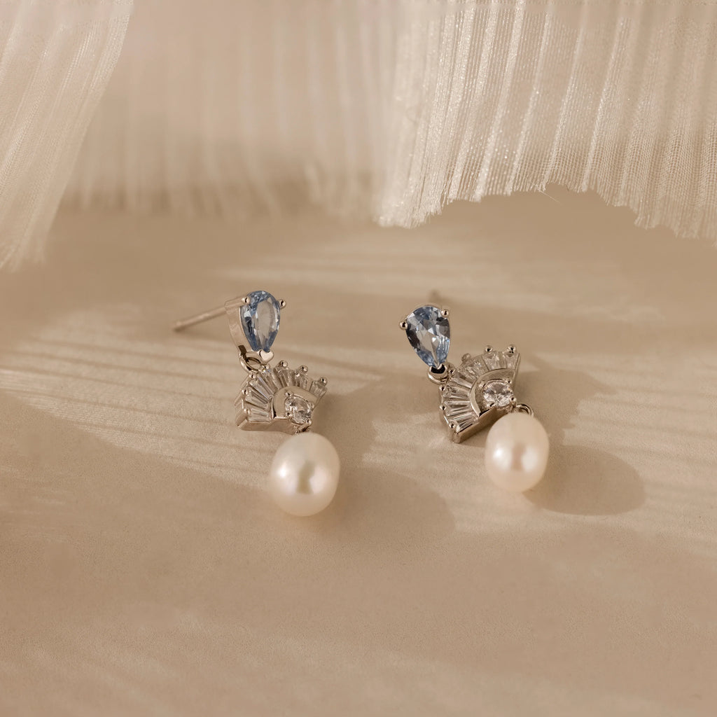 Diamond Aquamarine Pearl Drop Earrings Silver 18K Gold Plated